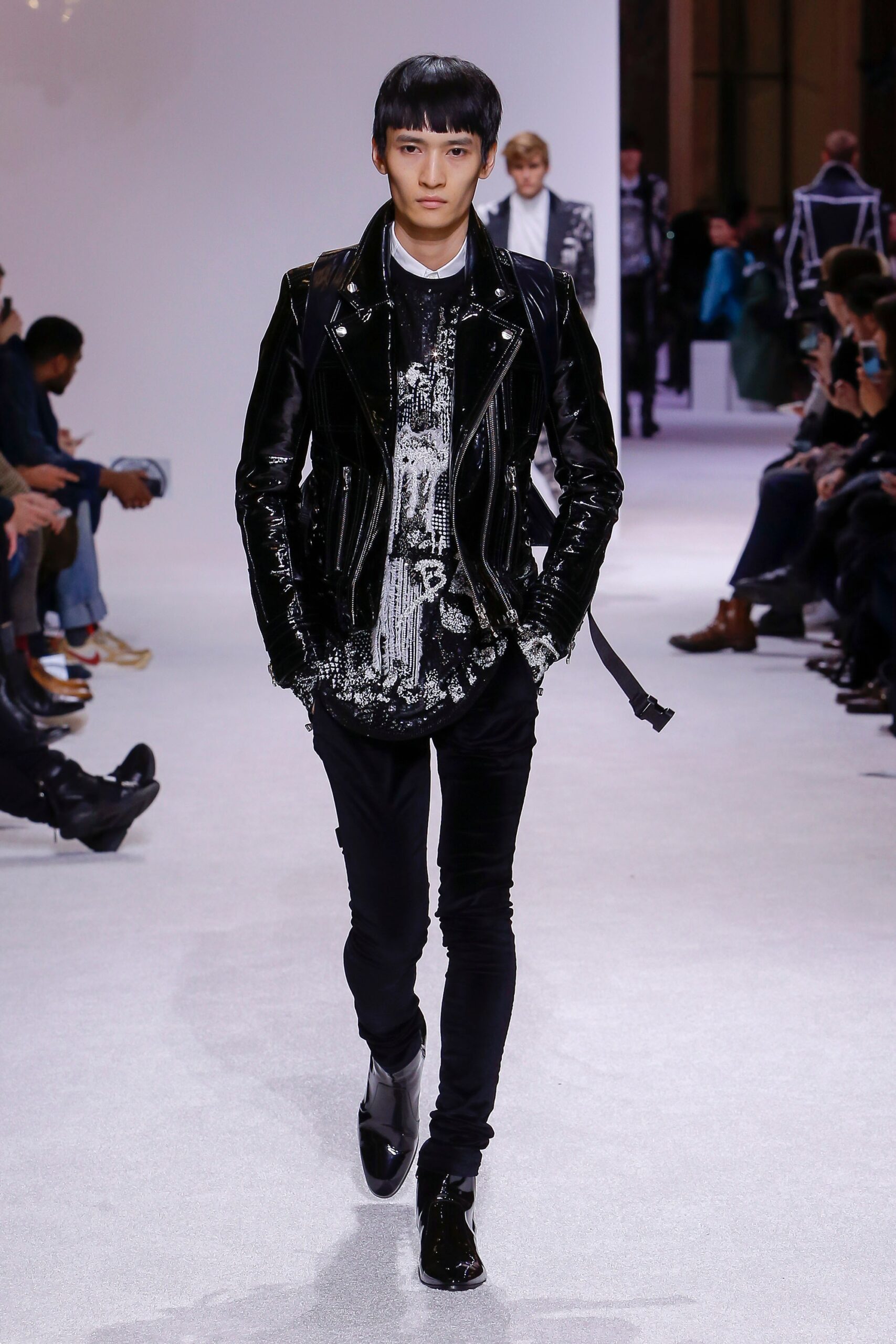 black leather jacket with printed shirt