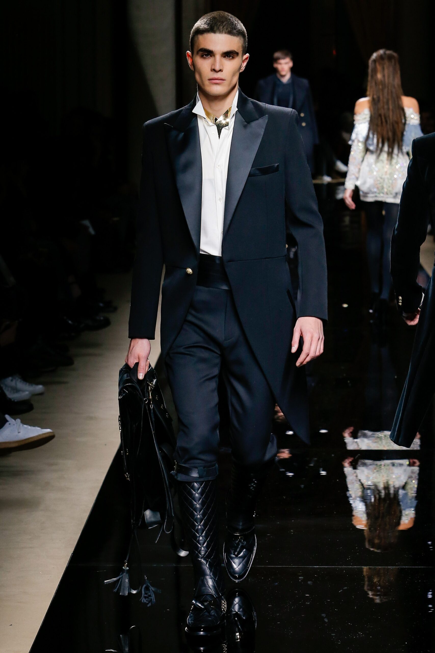 black tailored suit with white shirt