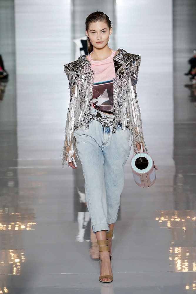 gray metallic long-sleeve fitted fringed shiny jacket