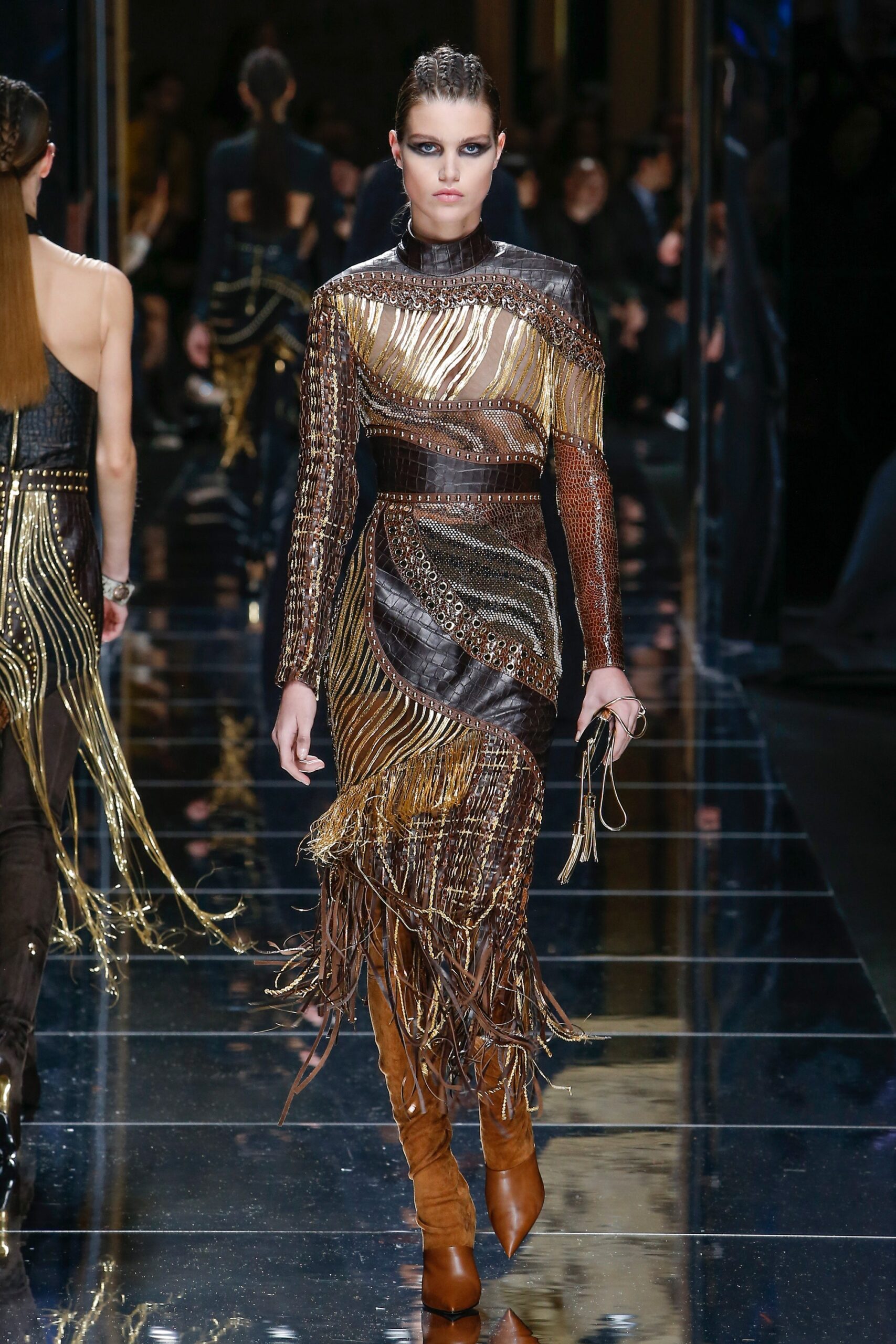 brown silk long-sleeve high-neck fitted fringed layered dress