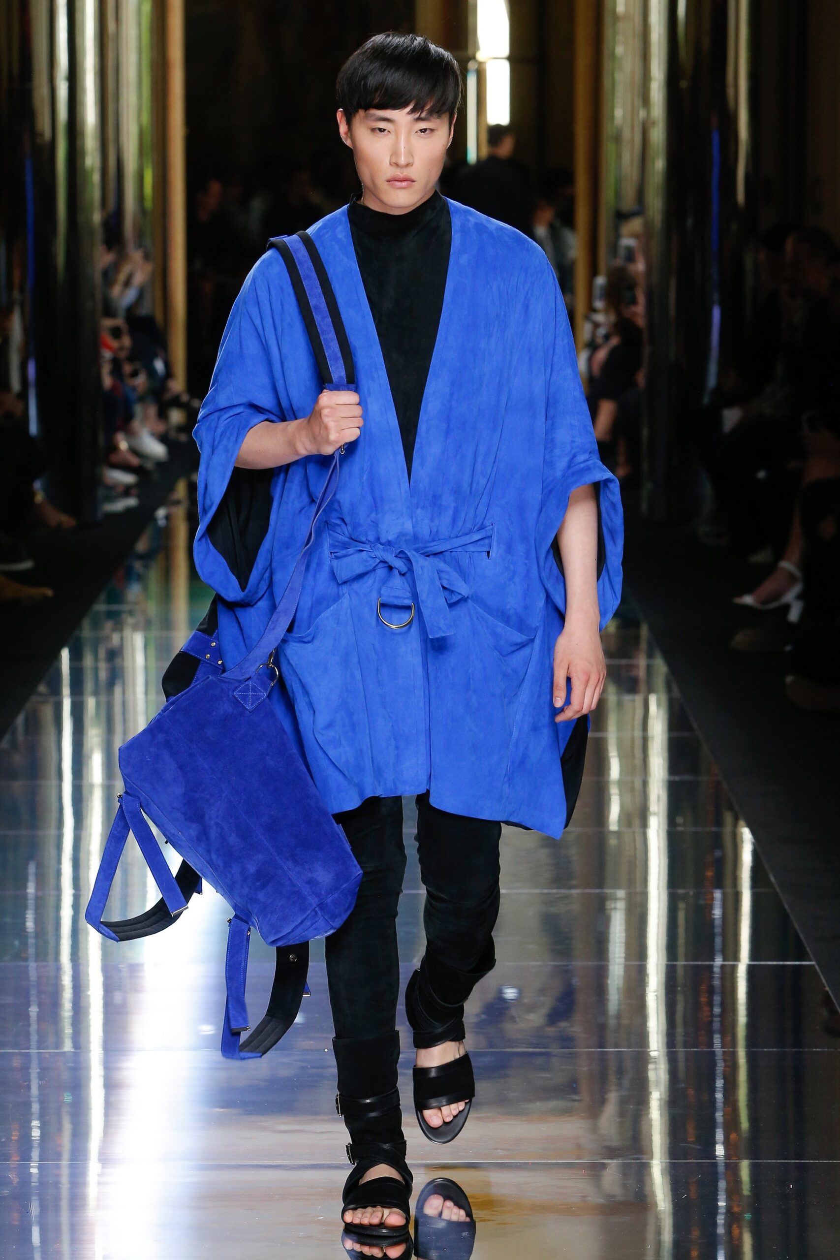 blue suede sleeveless relaxed belted poncho