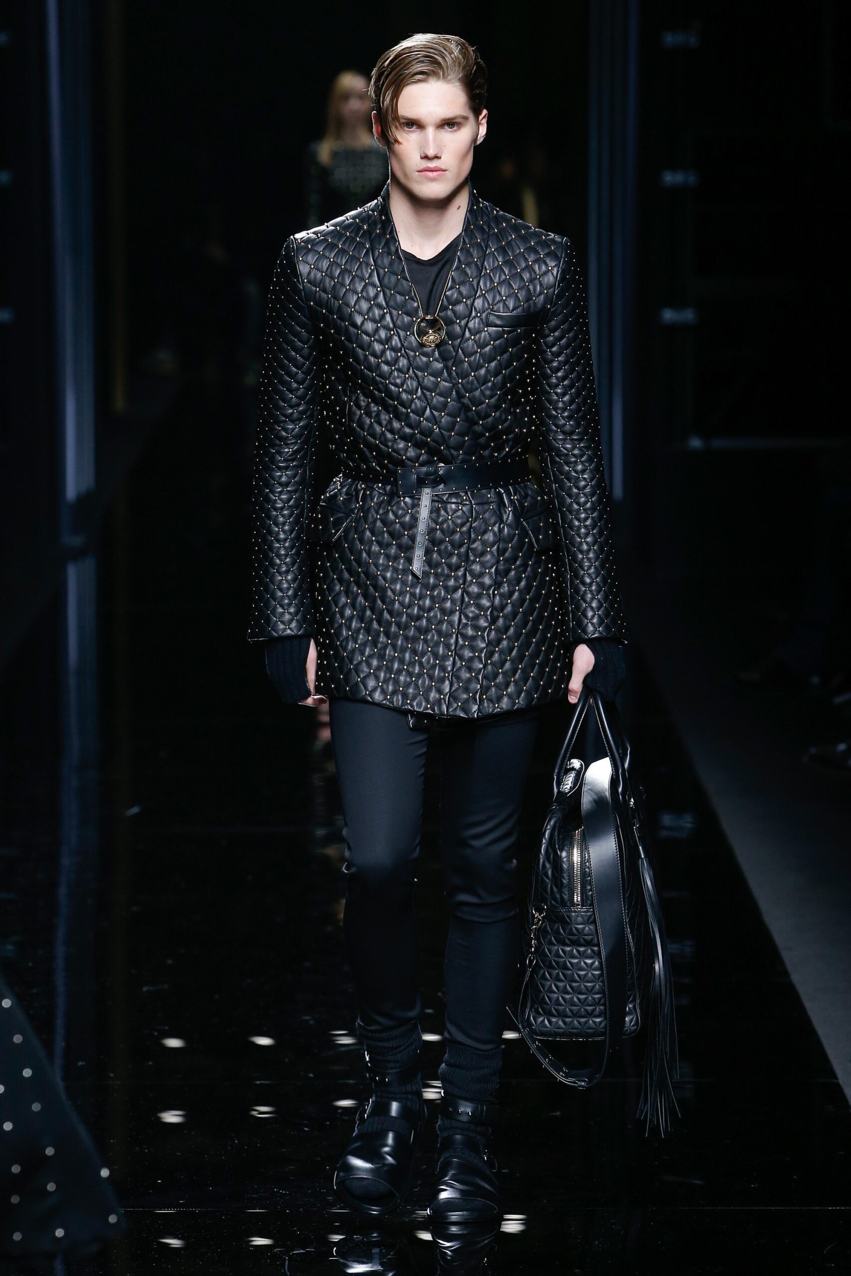 black quilted leather coat