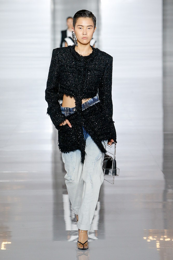 black tweed fitted jacket with denim pants