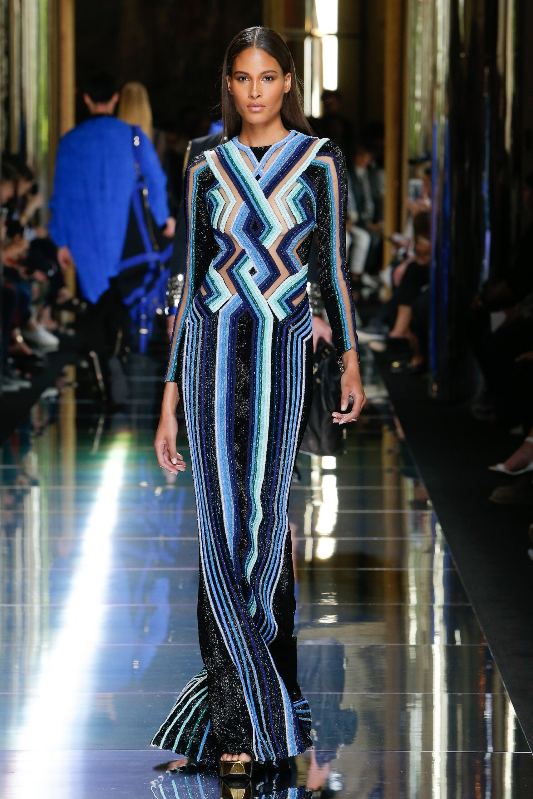blue and black striped gown