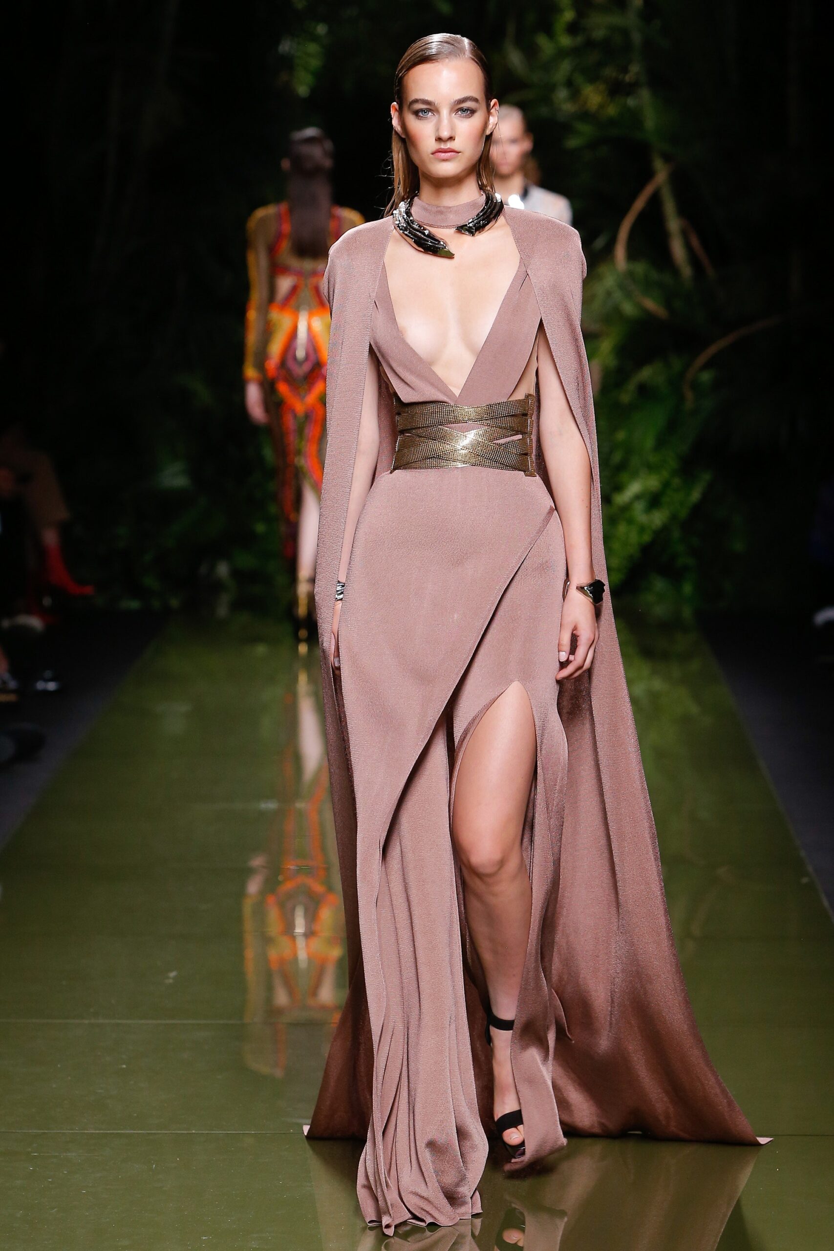 beige silk sleeveless v-neck fitted draped belted gown