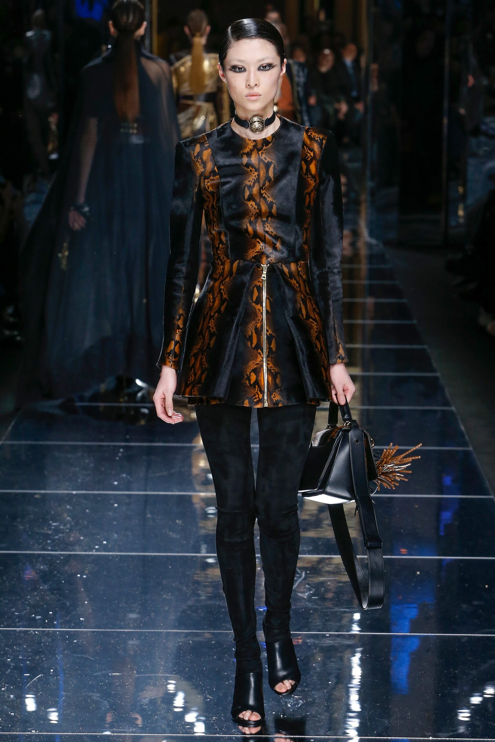 black silk long-sleeve high-neck fitted flared printed dress