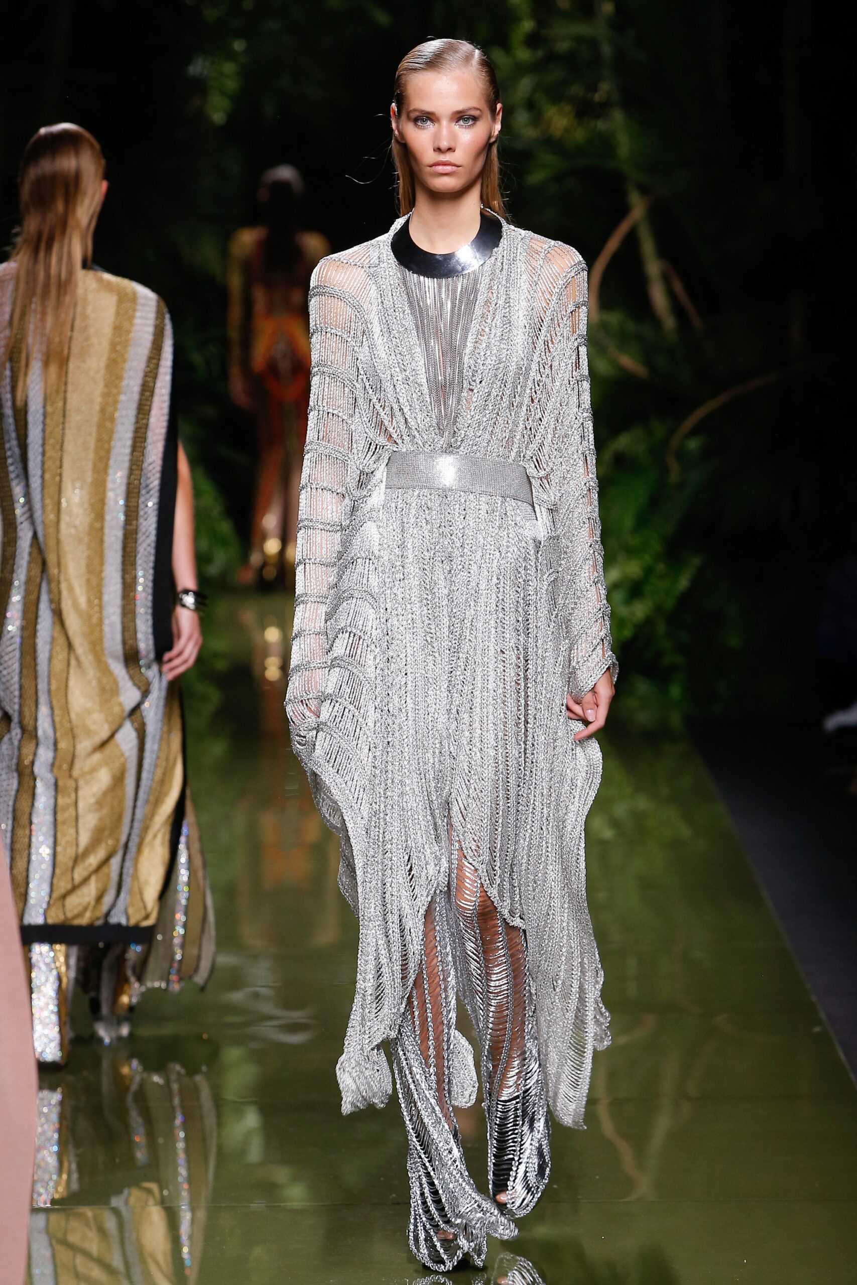silver metallic draped gown