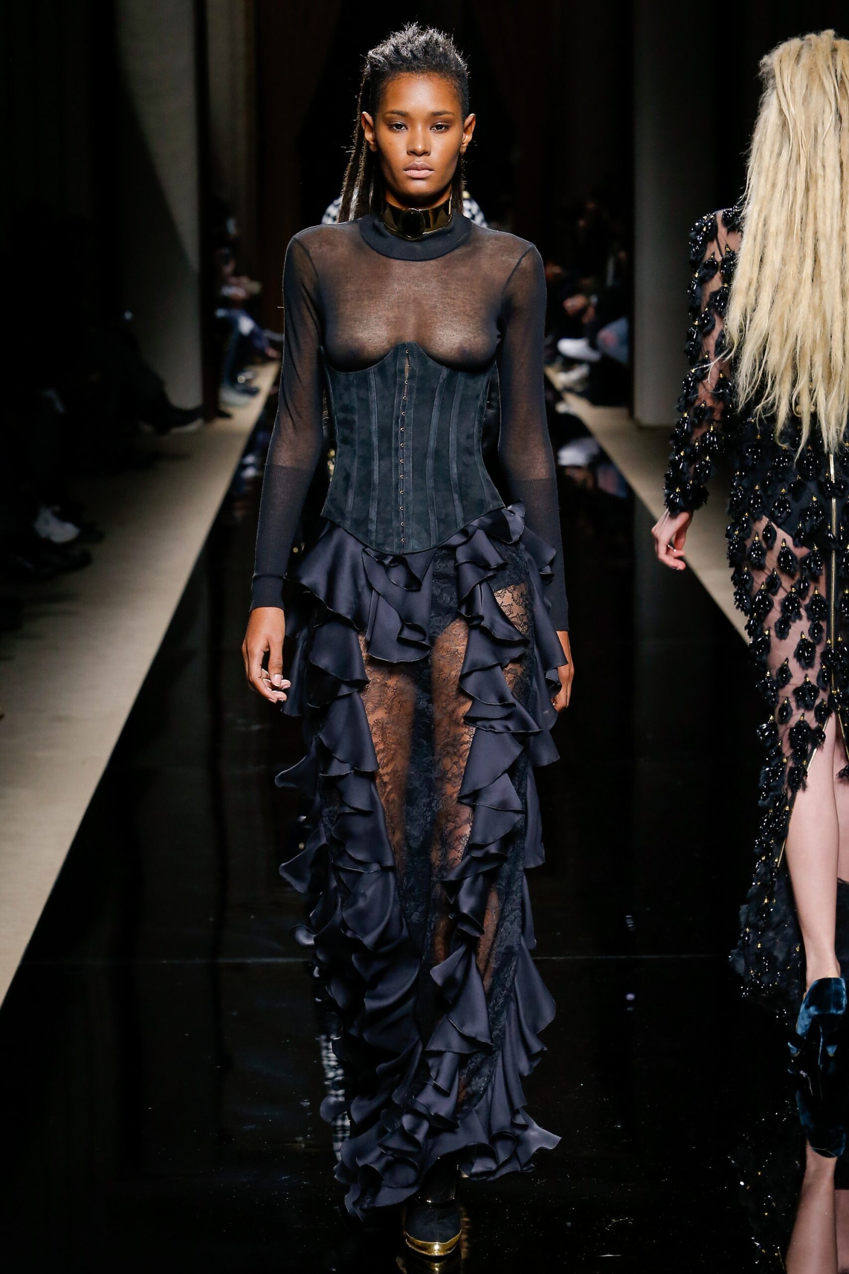 black silk gown with ruffles