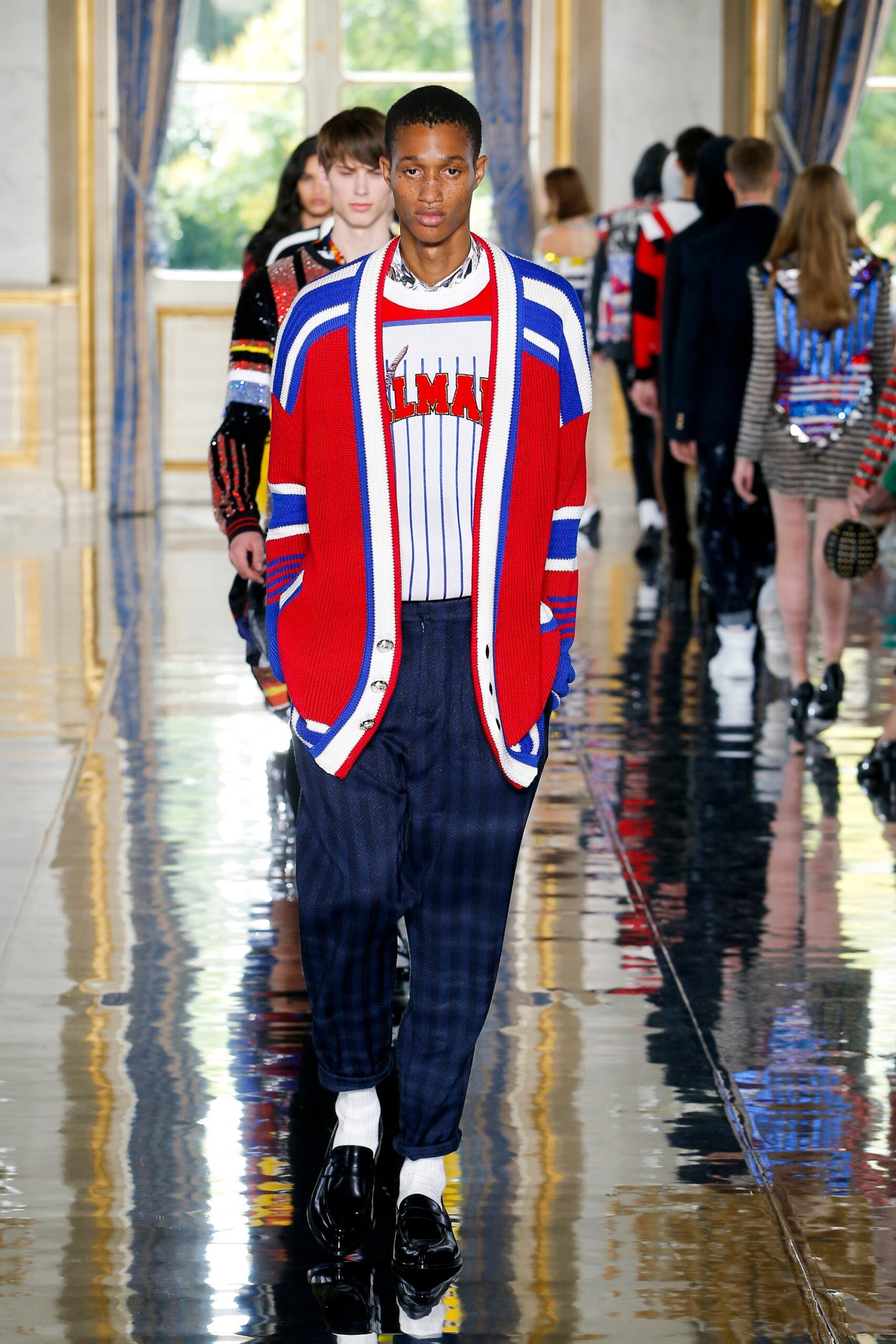 color-blocked cardigan with relaxed pants