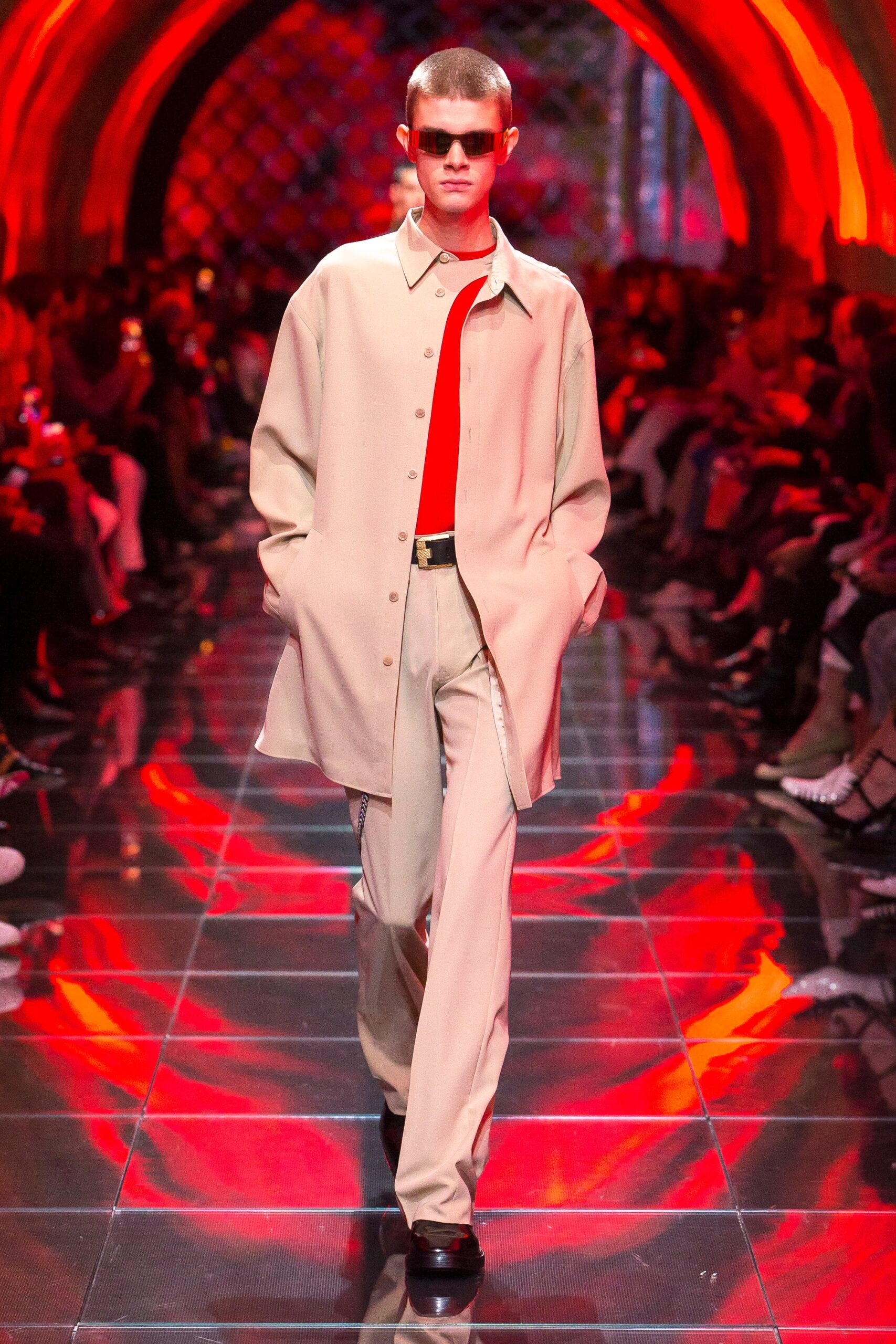 beige shirt red t-shirt beige pants