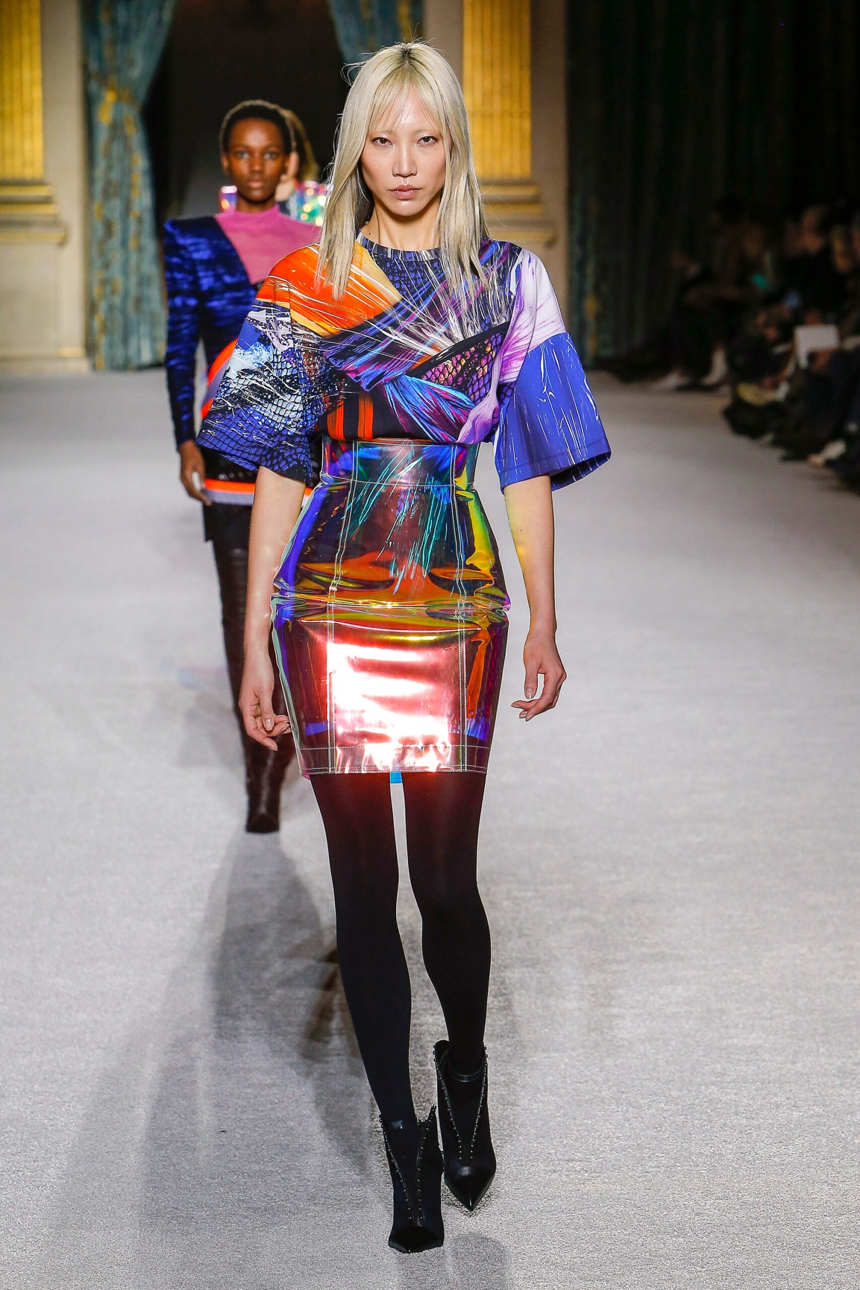 multi-colored vinyl fitted dress