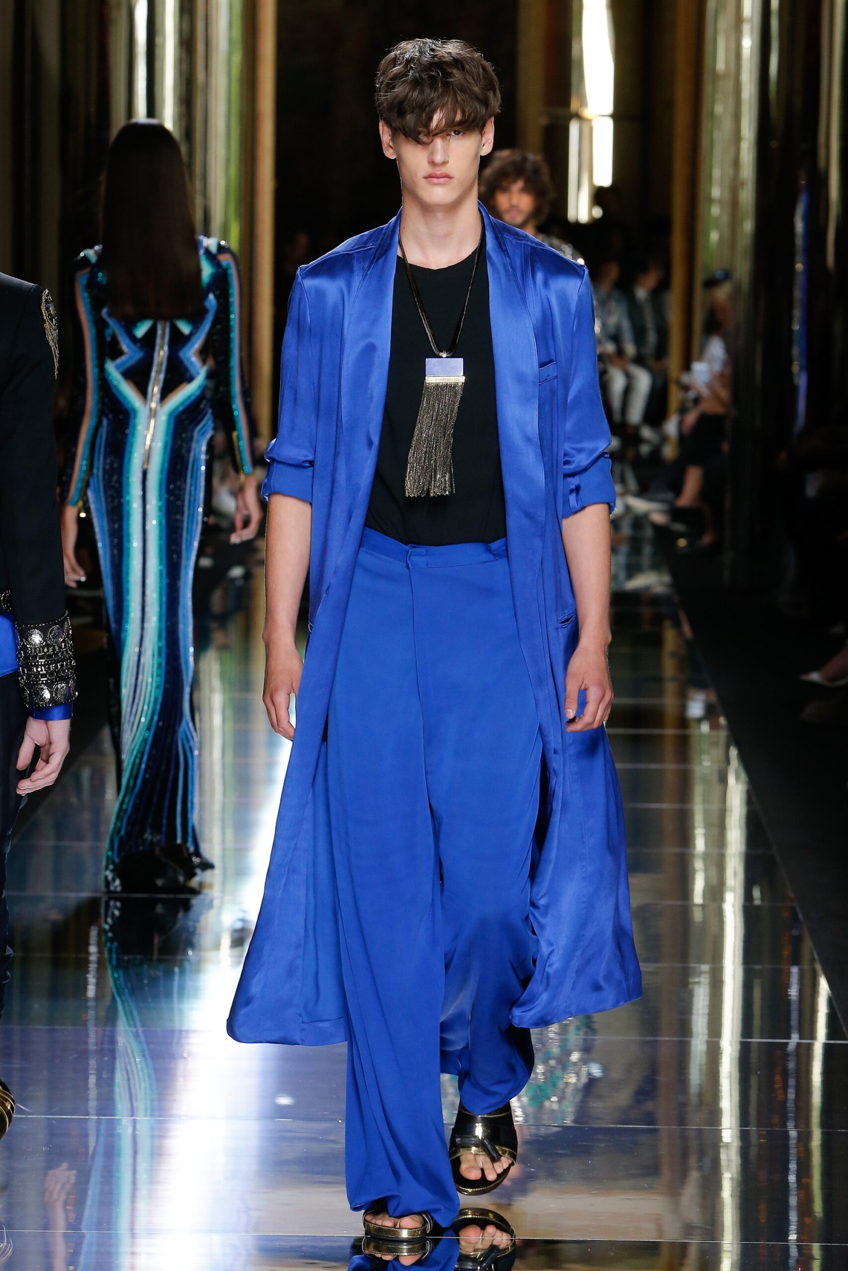 blue silk long-sleeve relaxed draped coat