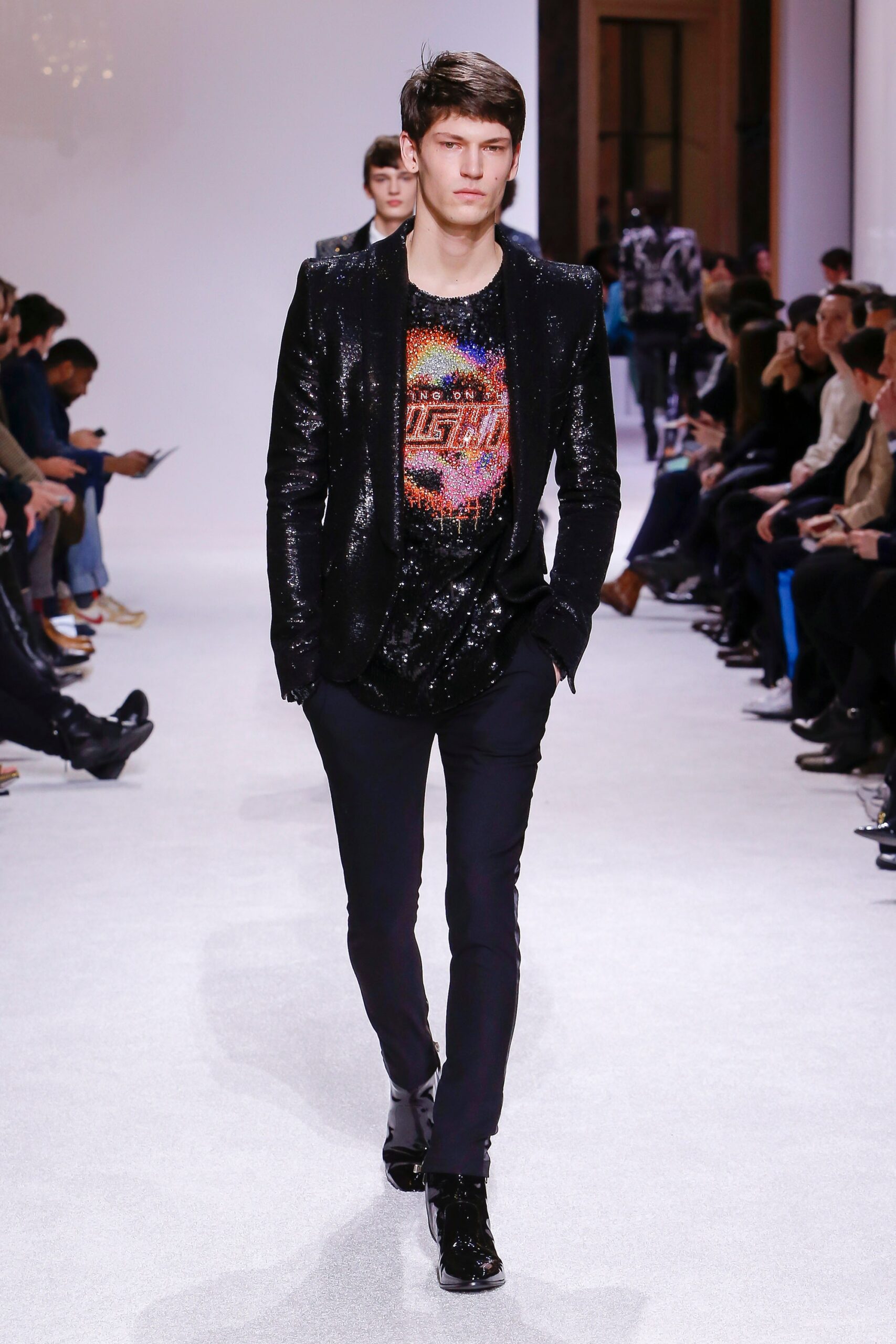 black sequin blazer with printed t-shirt
