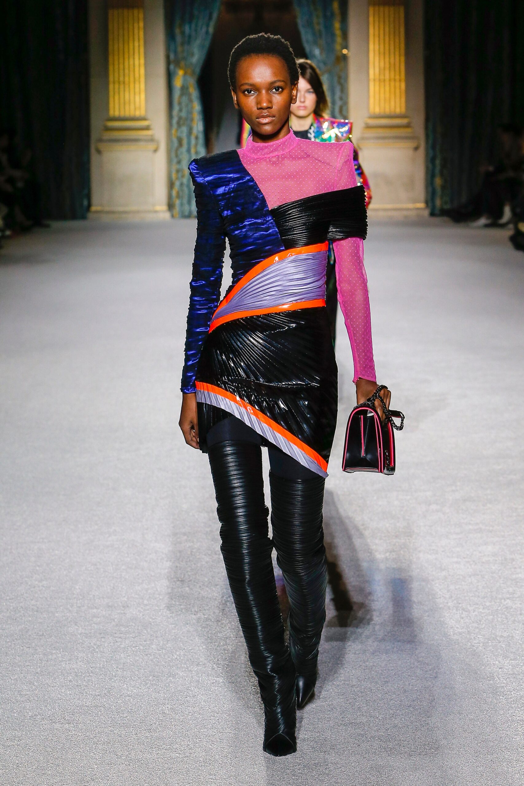 color-blocked mini dress with leather pants
