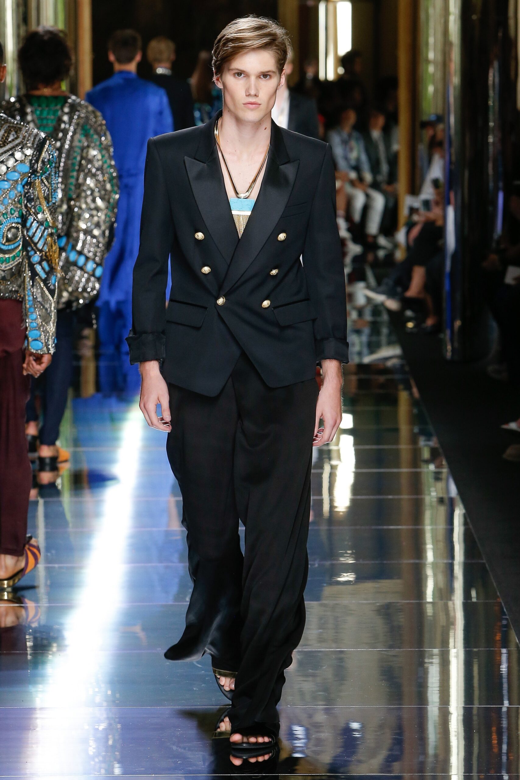 black silk long-sleeve double-breasted tailored buttoned blazer
