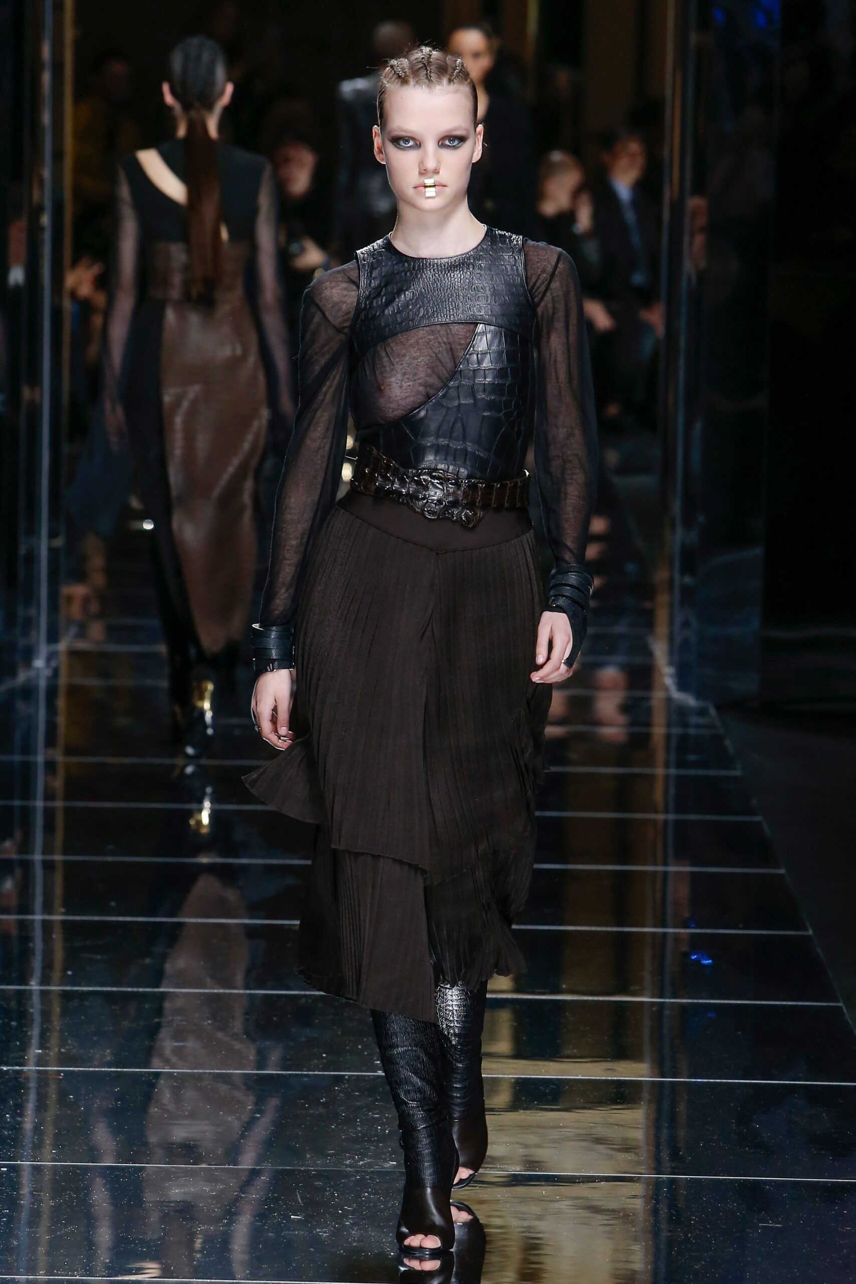 black silk pleated dress with belt