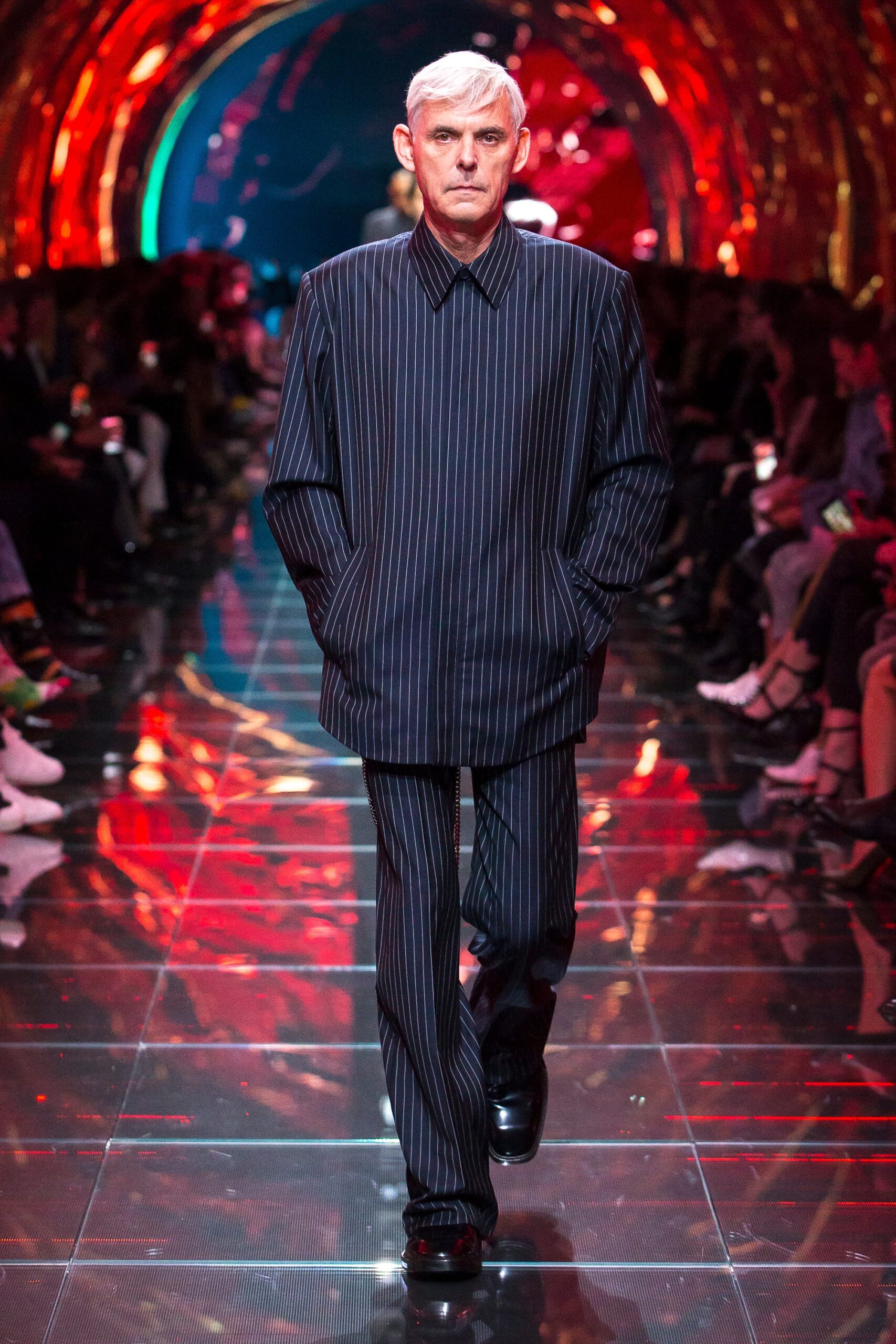 black and blue striped suit