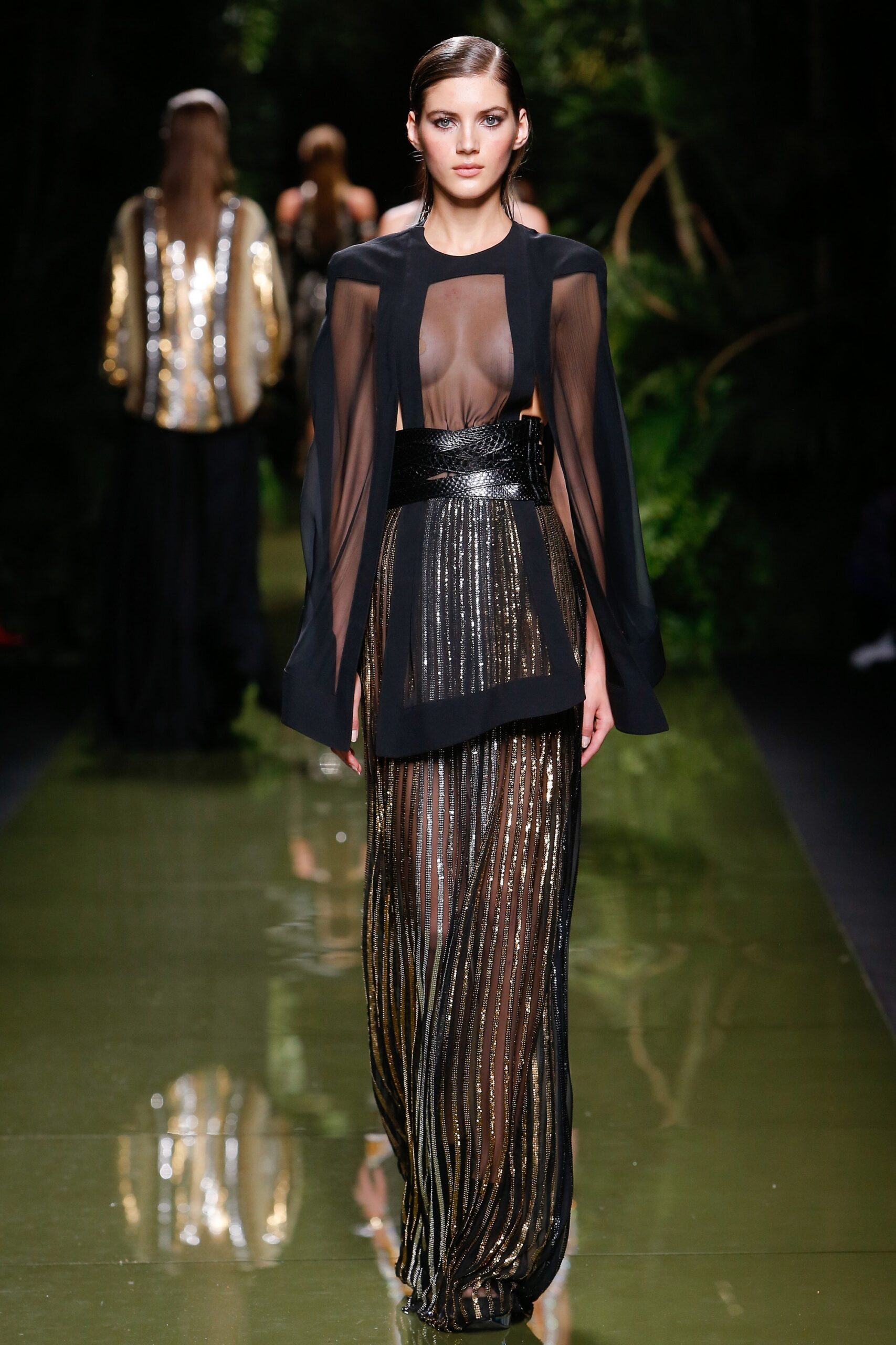 black and gold pleated gown