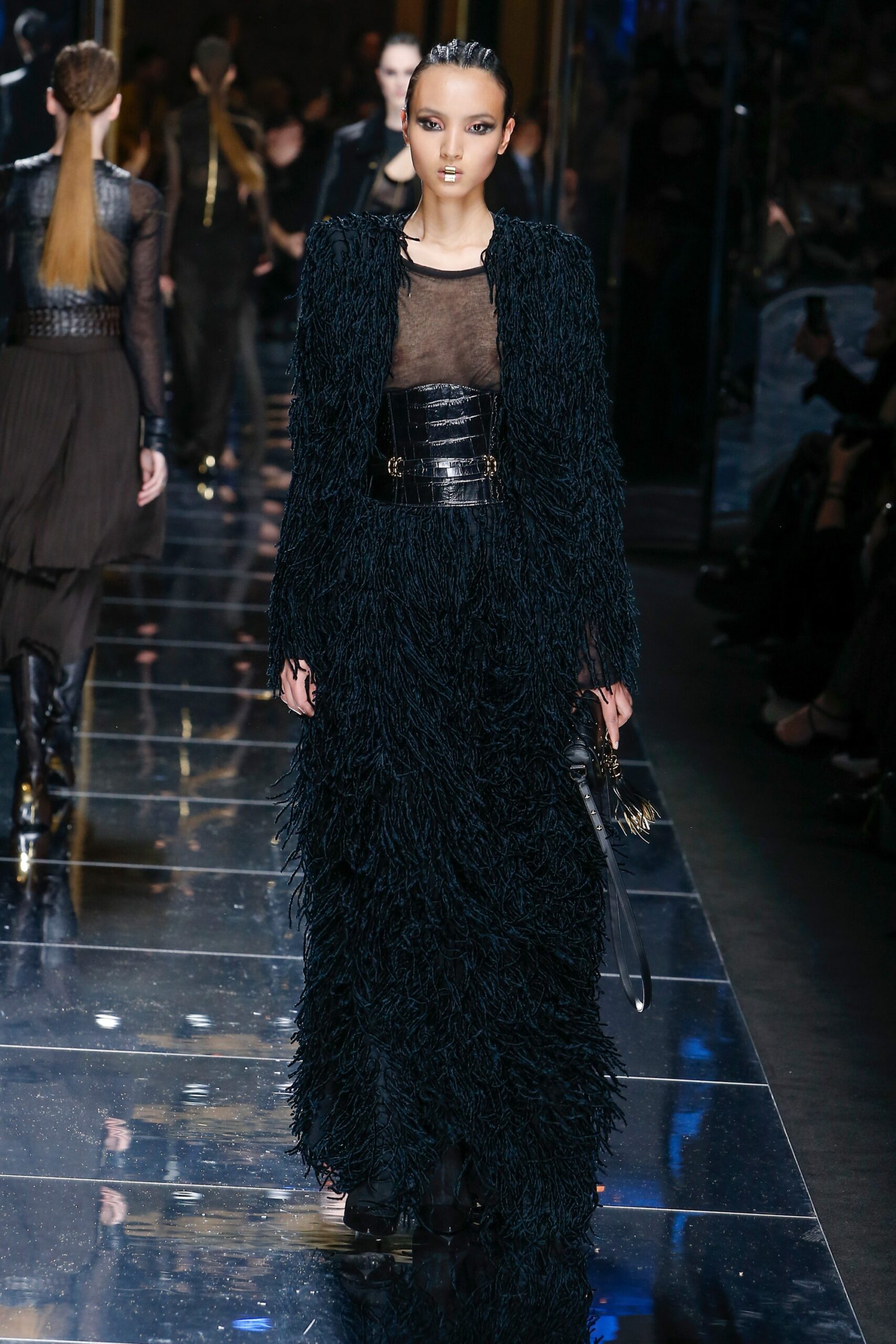 black fringed long-sleeve dress