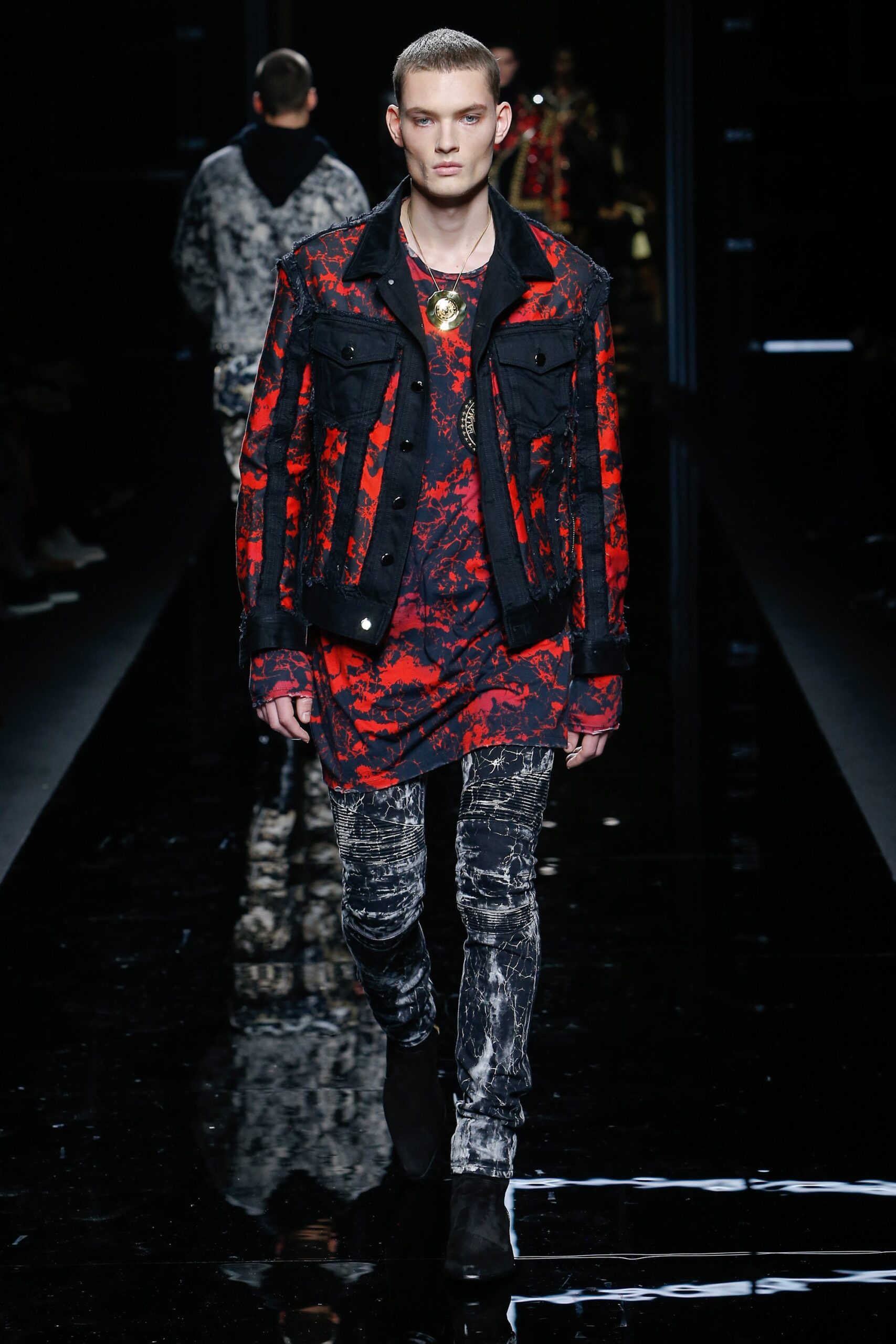 black and red denim jacket with t-shirt