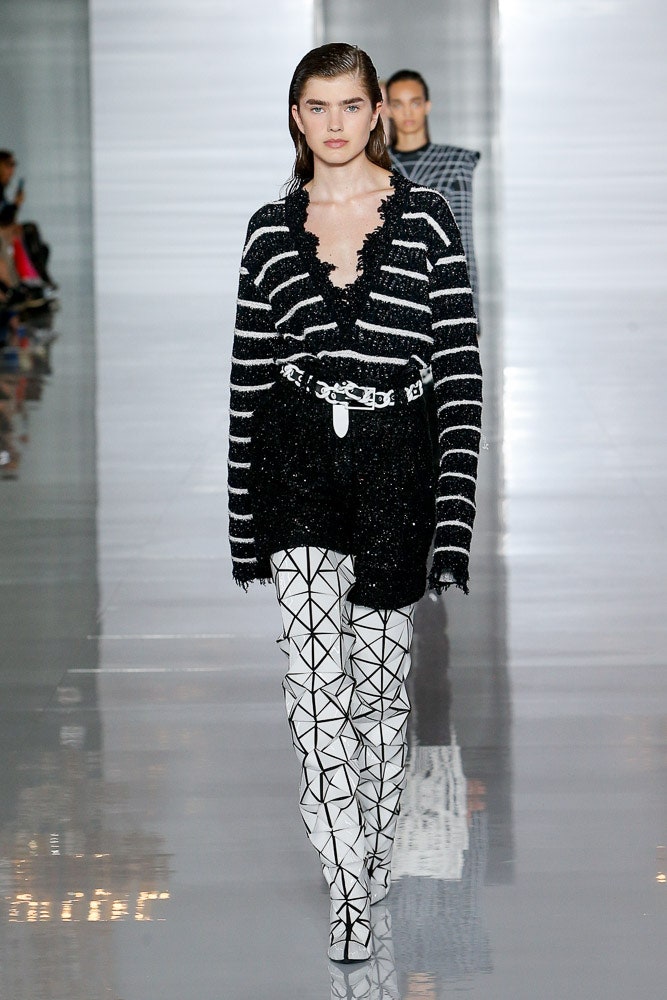 black cotton long-sleeve v-neck relaxed striped fringed sweater