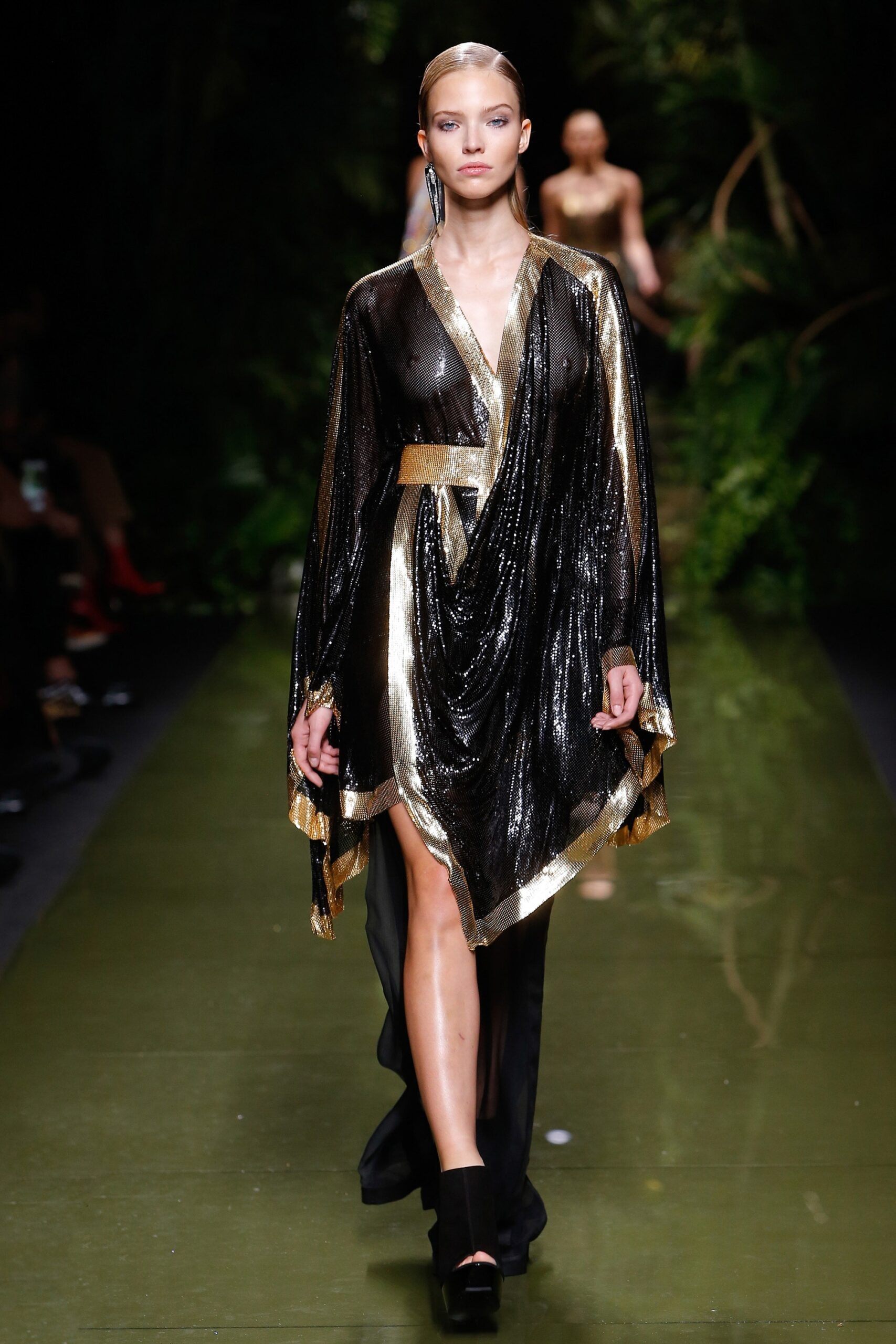 black and gold draped dress