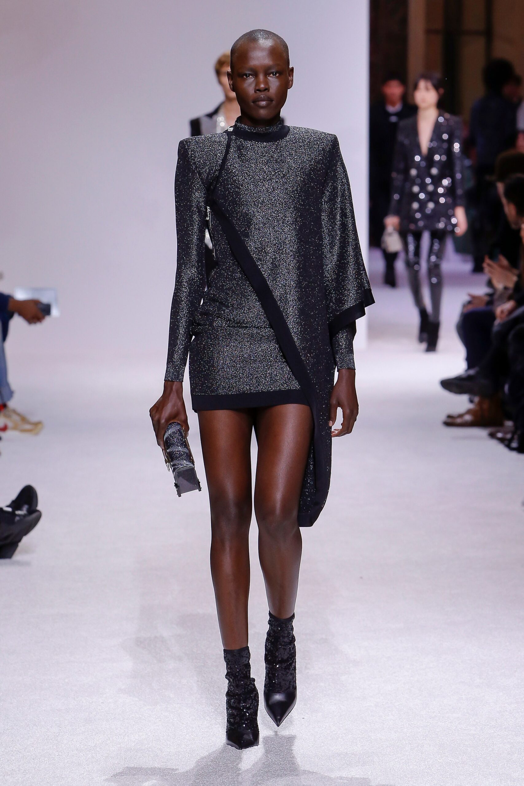 black metallic asymmetric mini dress