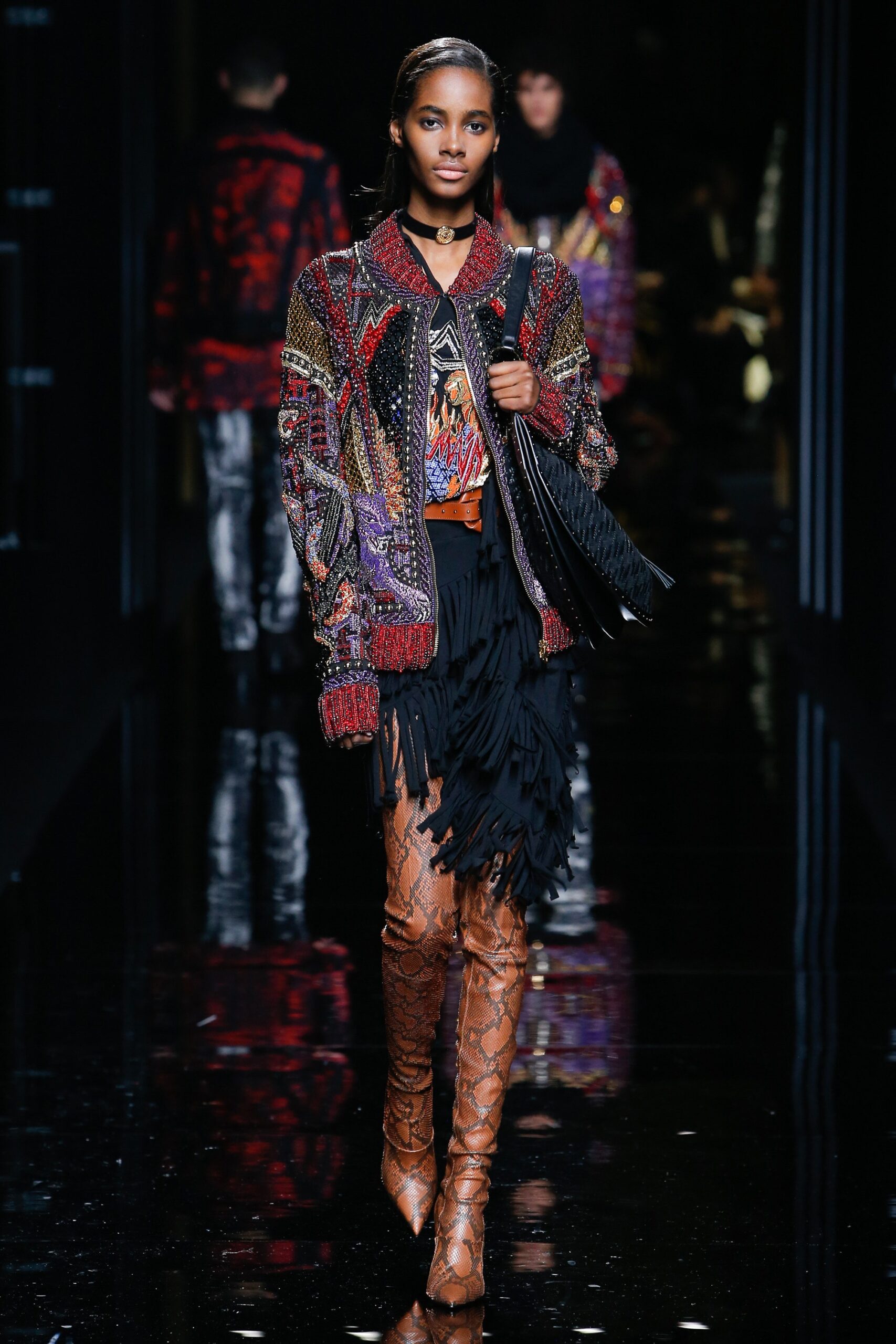 multi silk long-sleeve collared fitted embroidered layered jacket