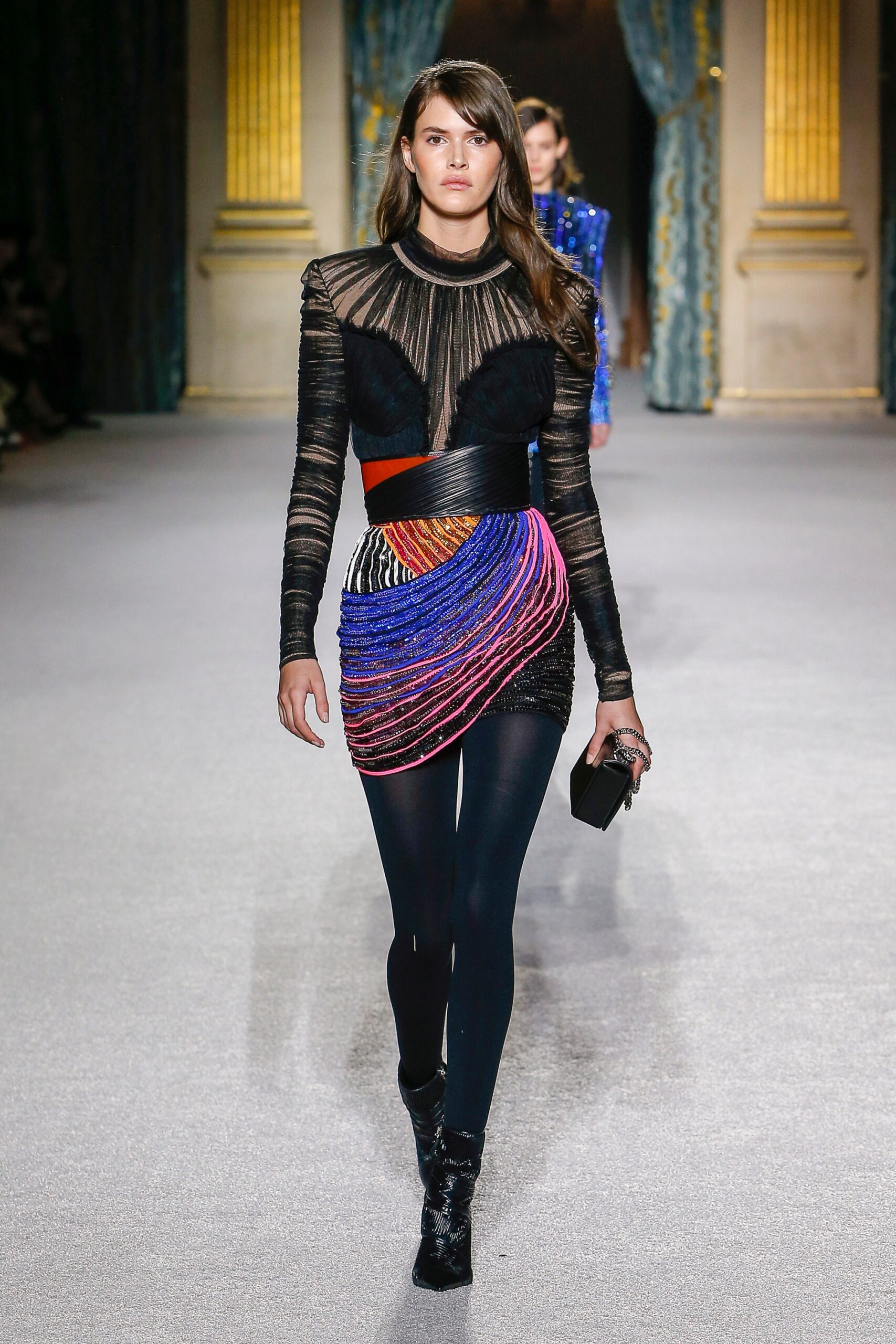 fitted black mini dress with draped colors