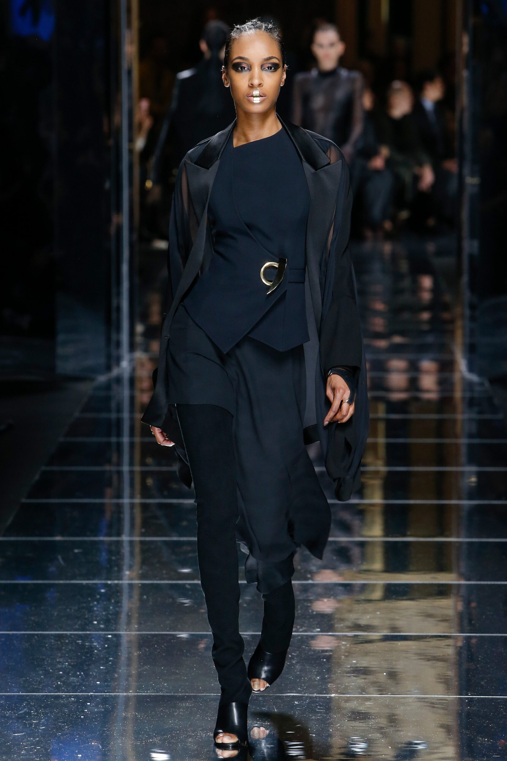 black silk fitted top and pants