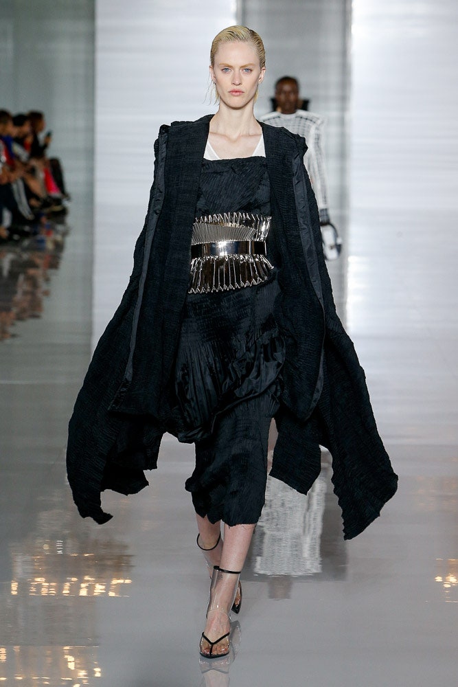 black silk pleated dress with cape