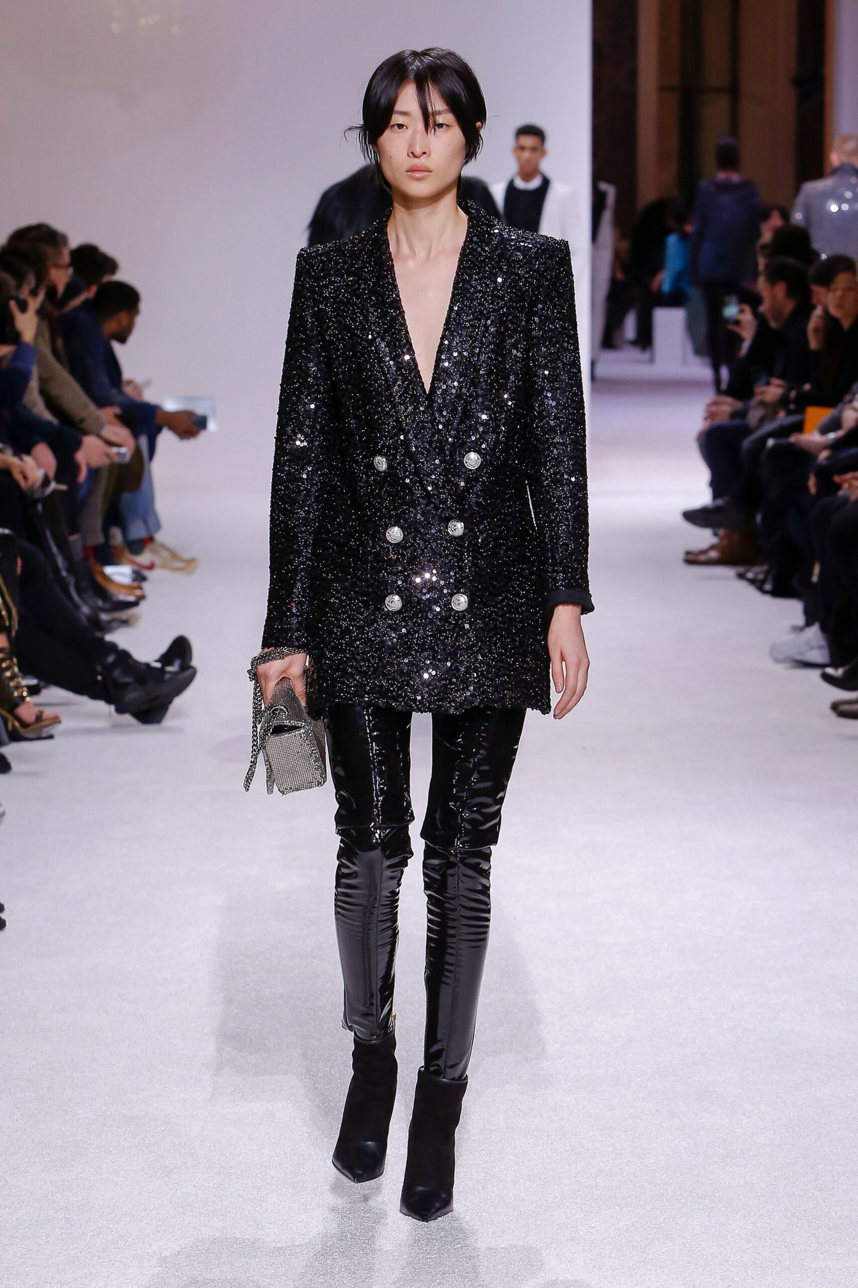 black sequin blazer with vinyl pants
