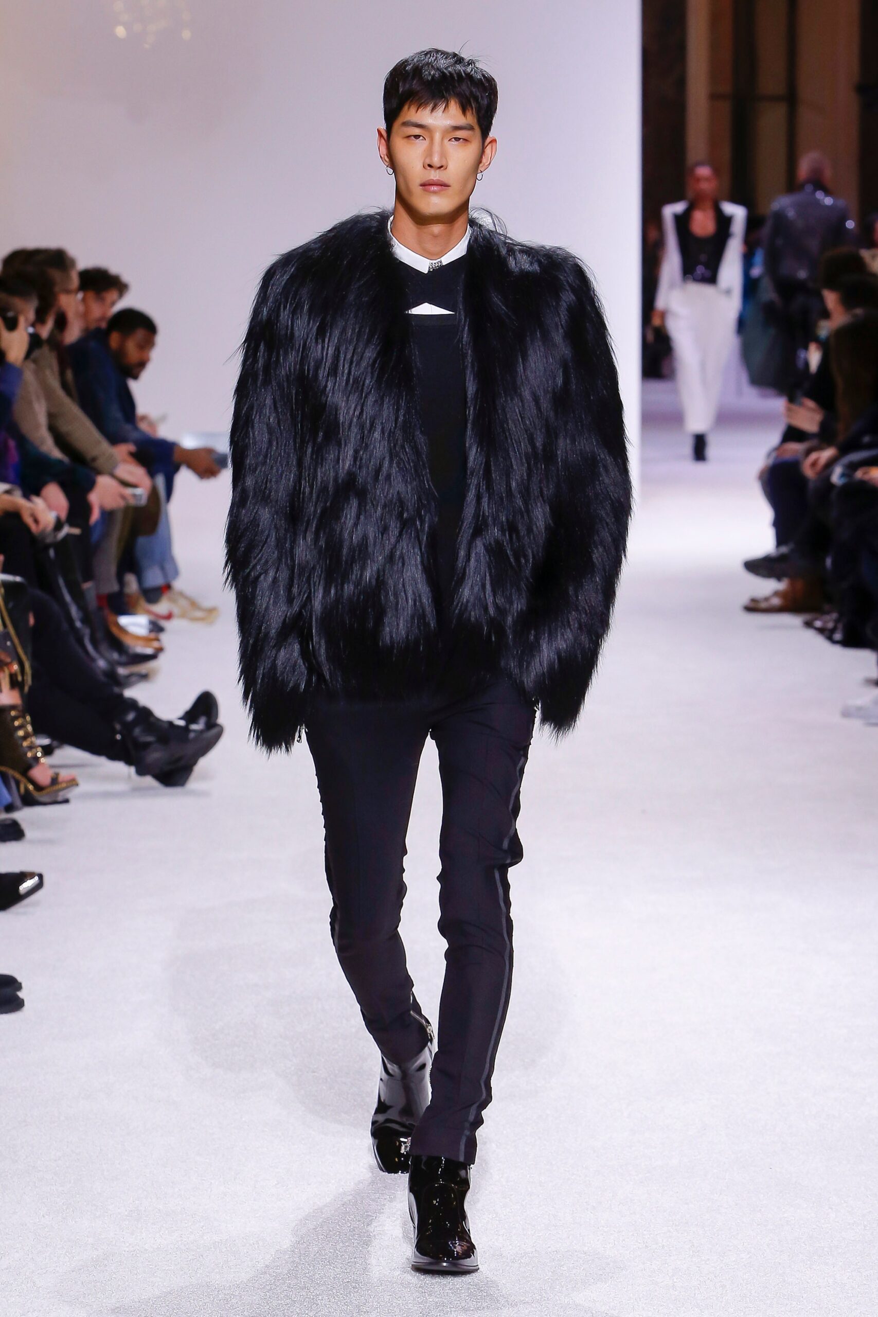 black faux-fur coat with fitted shirt