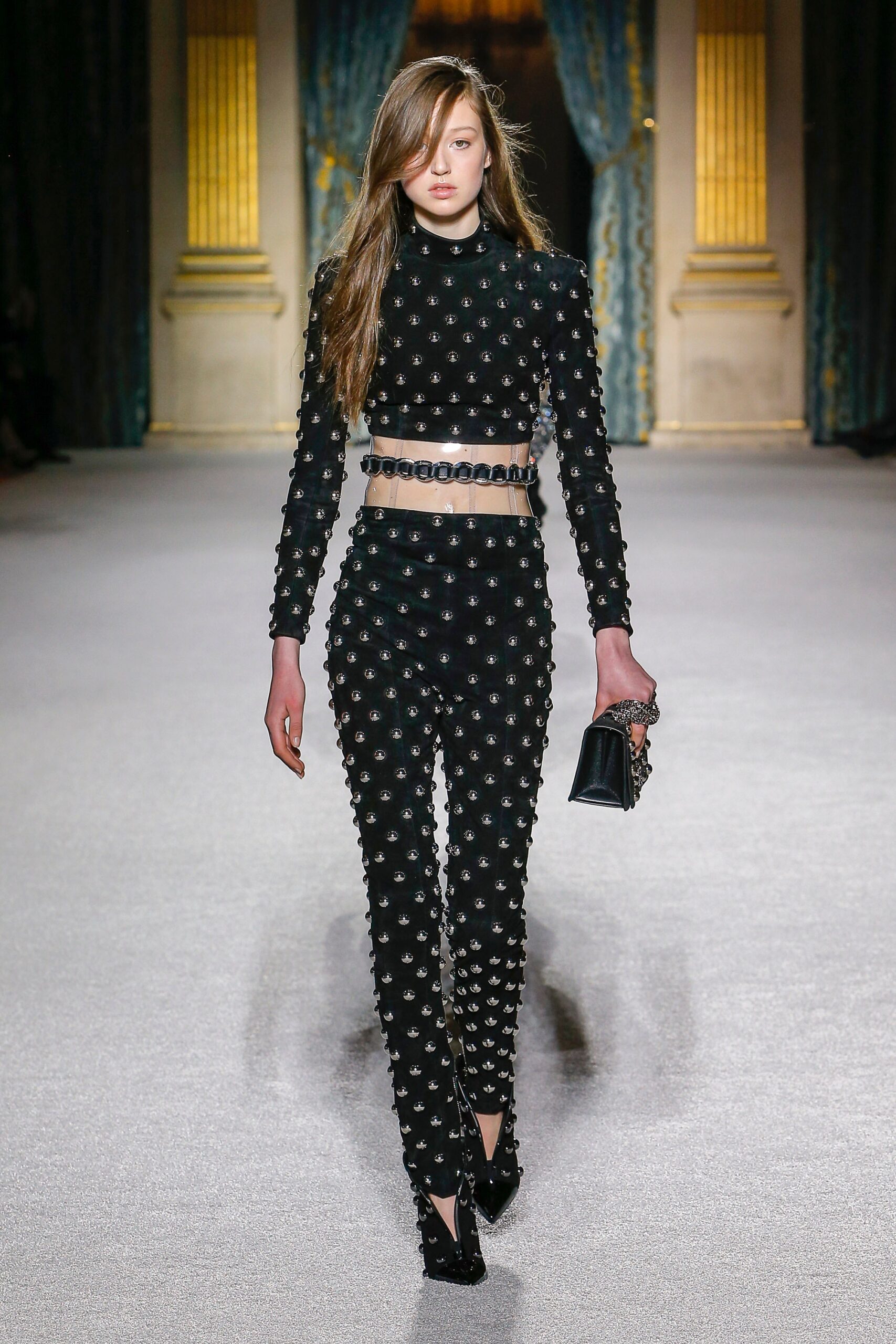 black fitted embellished top and pants