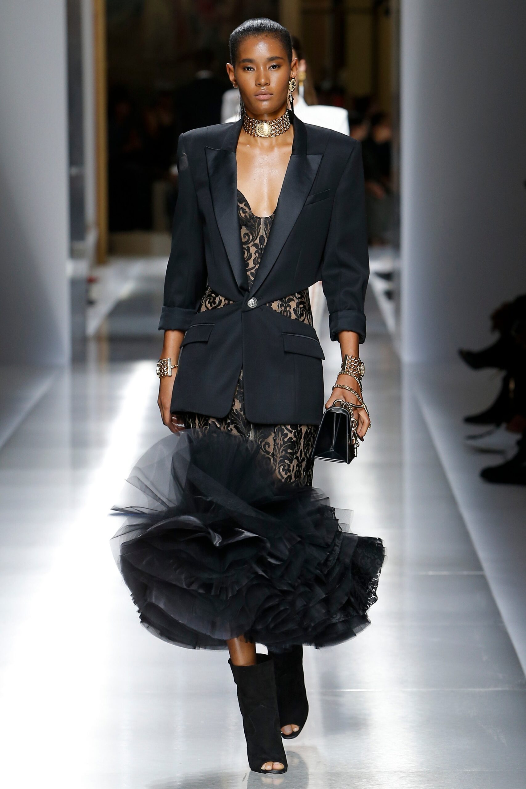 black tailored blazer and lace dress