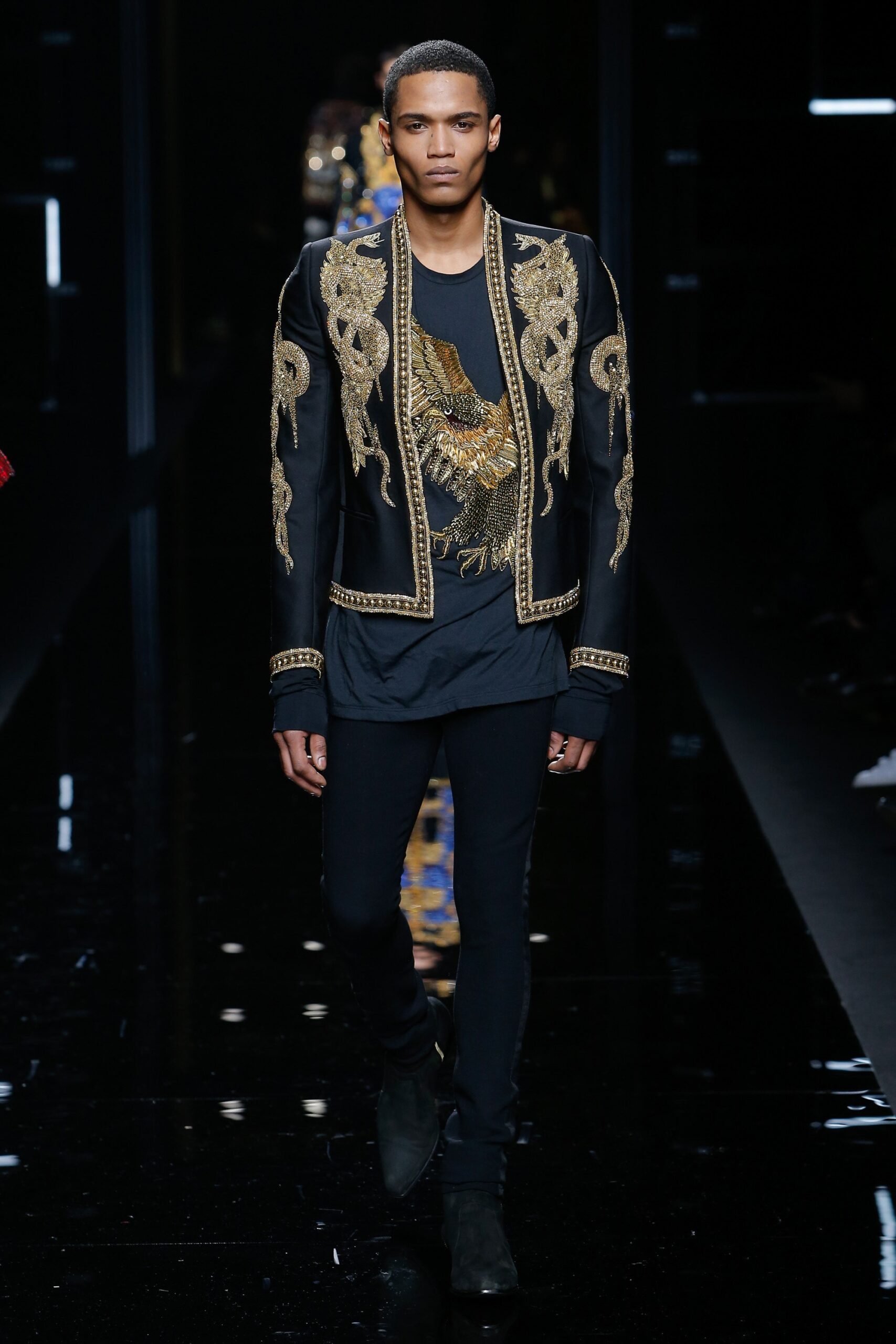 black embroidered jacket with t-shirt and pants