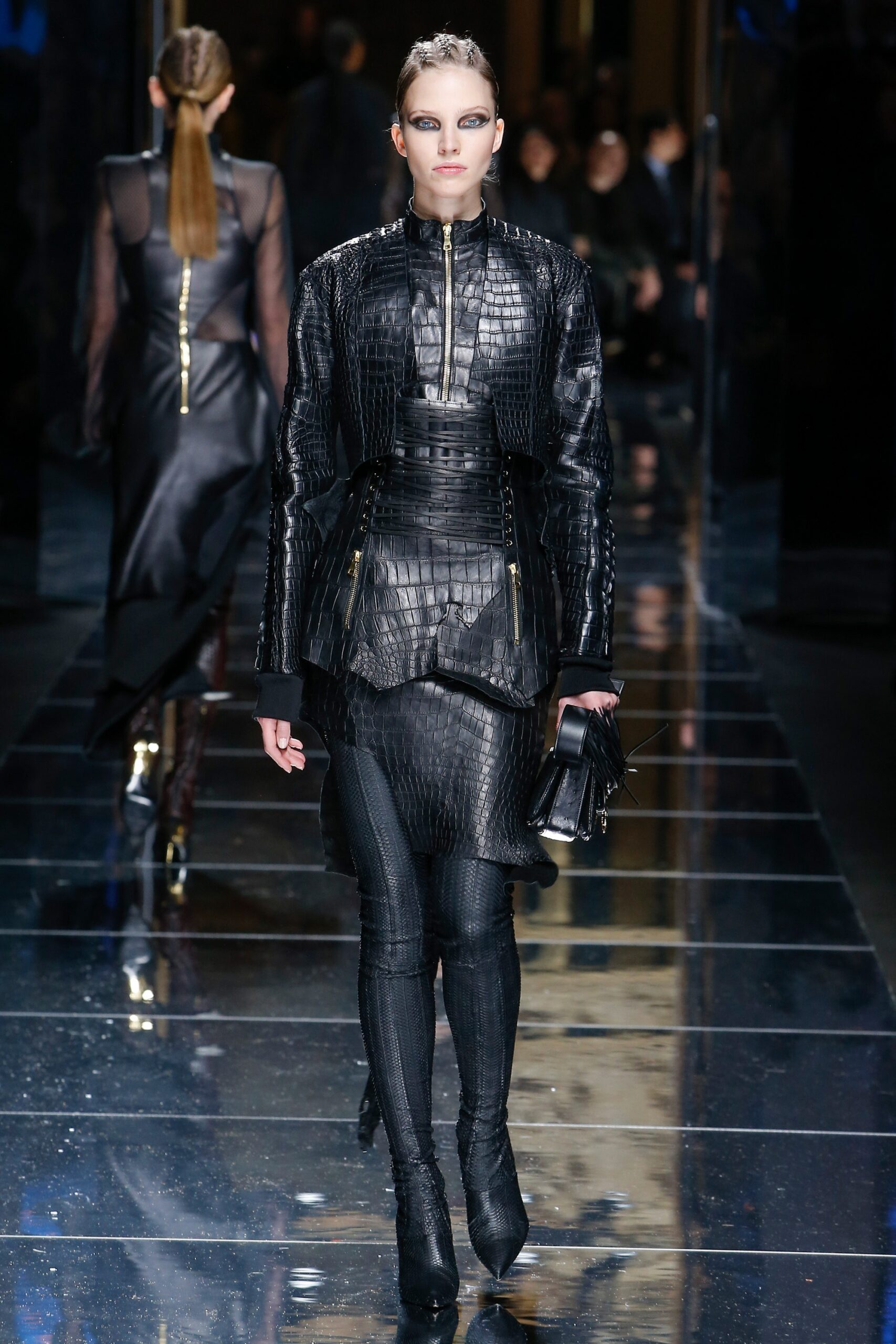 black leather long-sleeve high-neck fitted structured zippered dress