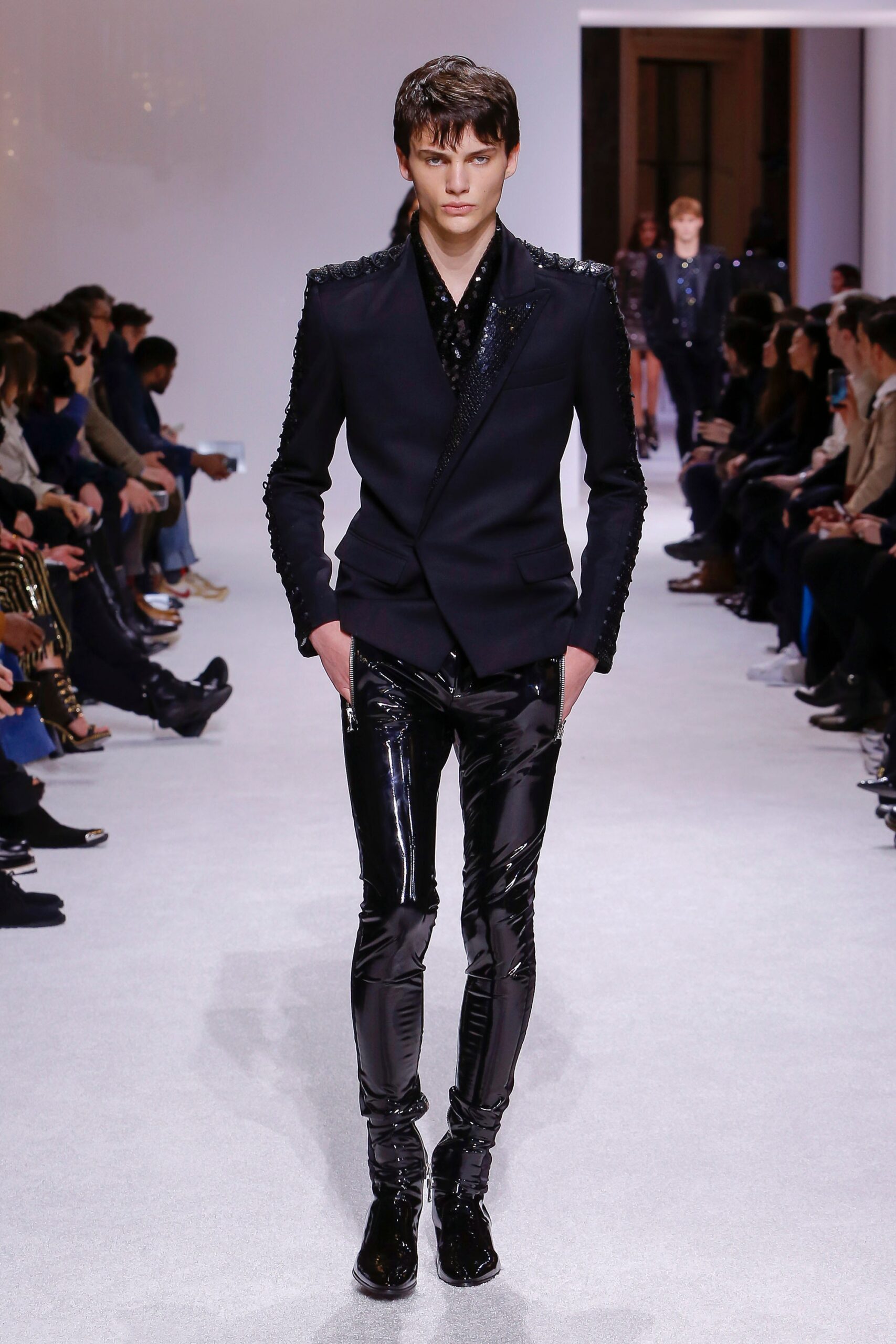 black tailored blazer with shiny pants