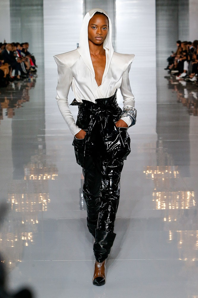white silk long-sleeve v-neck fitted structured jacket
