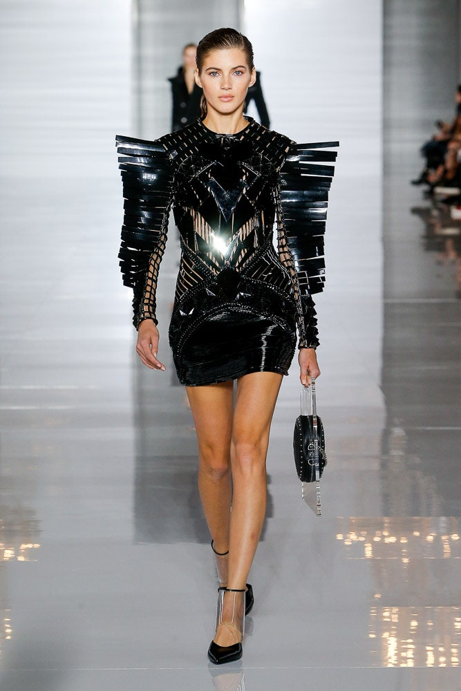 black vinyl fitted mini dress