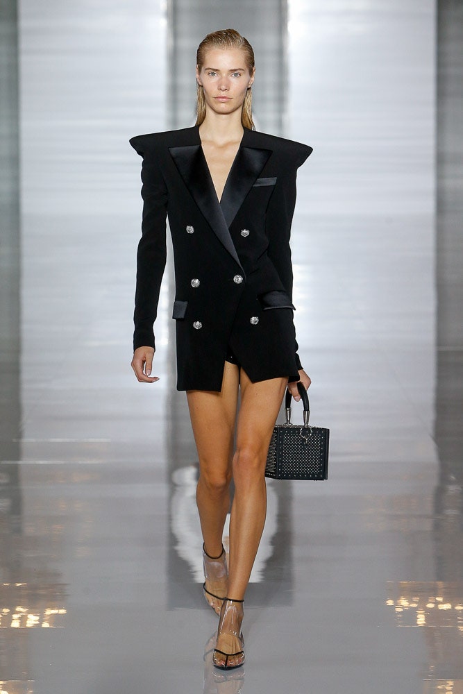 black wool long-sleeve v-neck fitted structured buttoned blazer