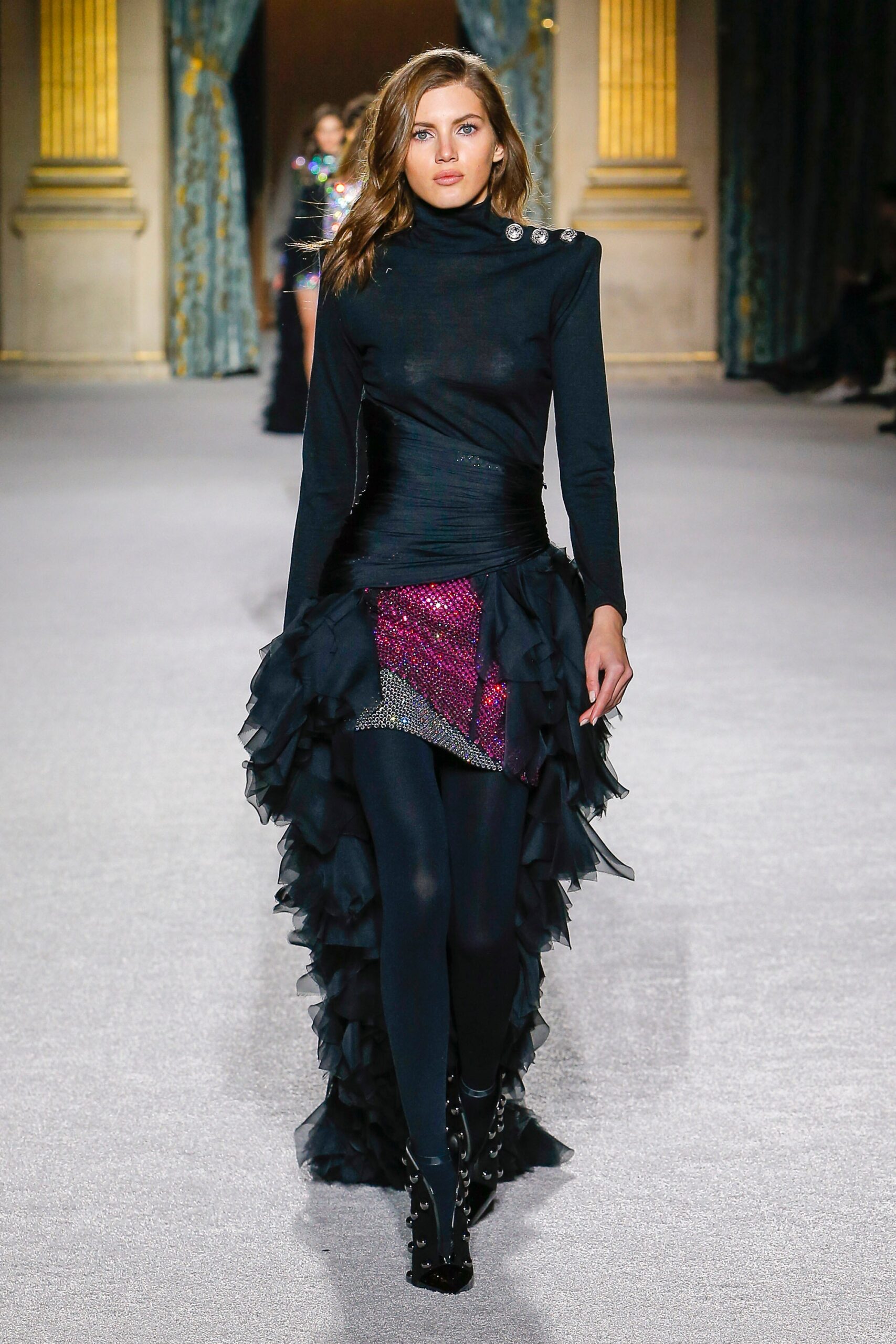 black silk ruffled midi dress