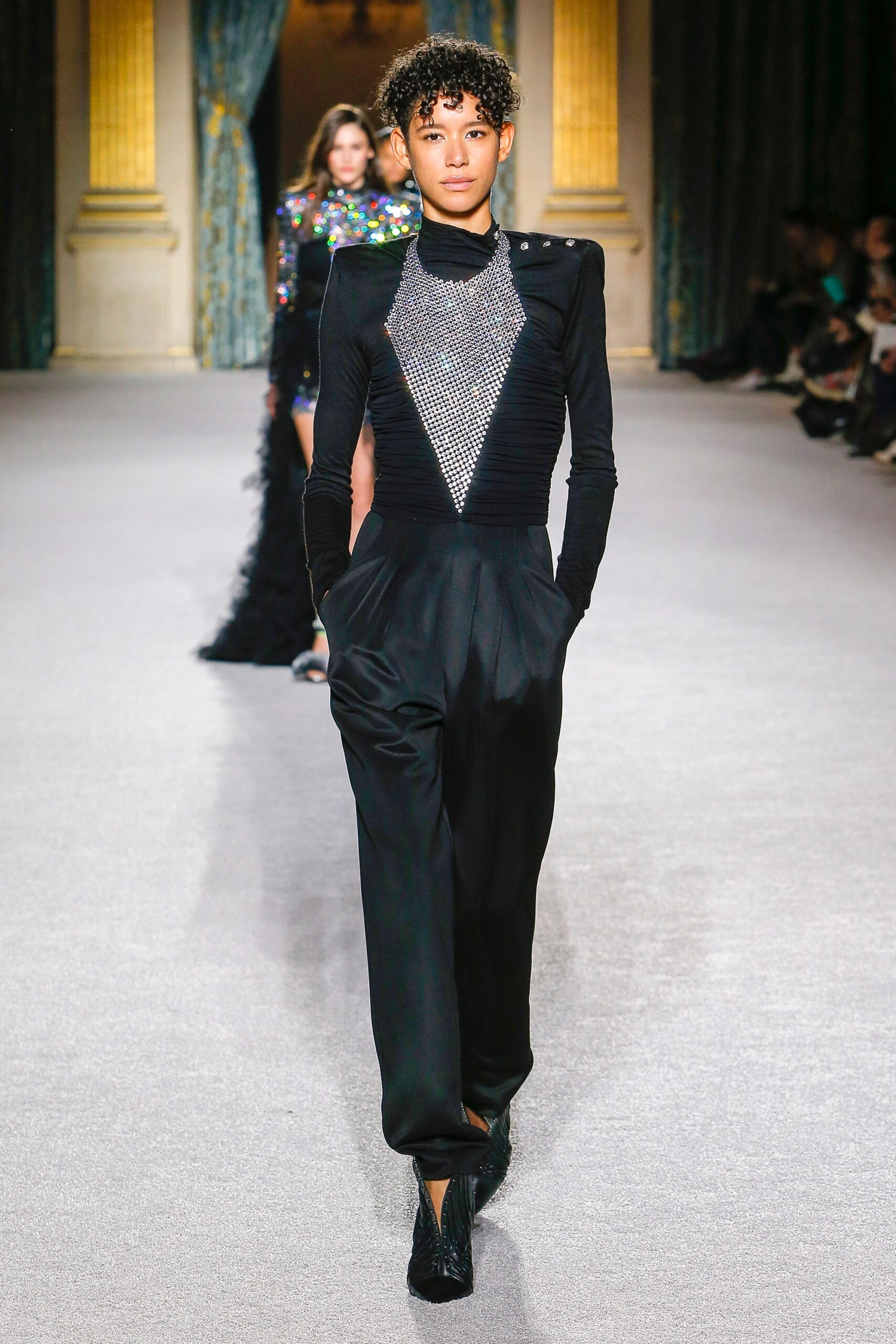 fitted black silk jumpsuit