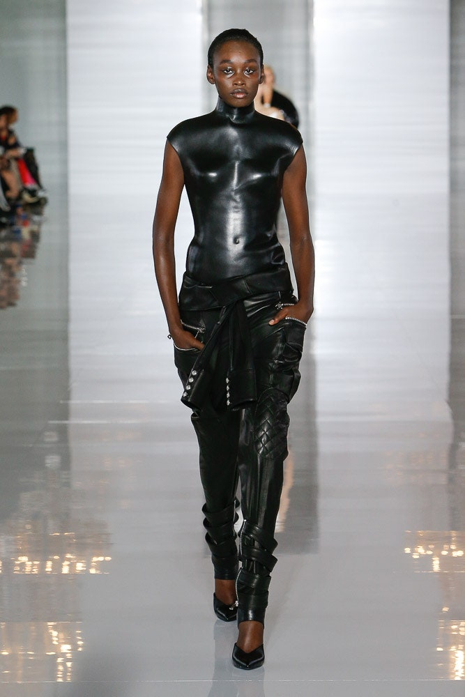 black leather fitted top and pants