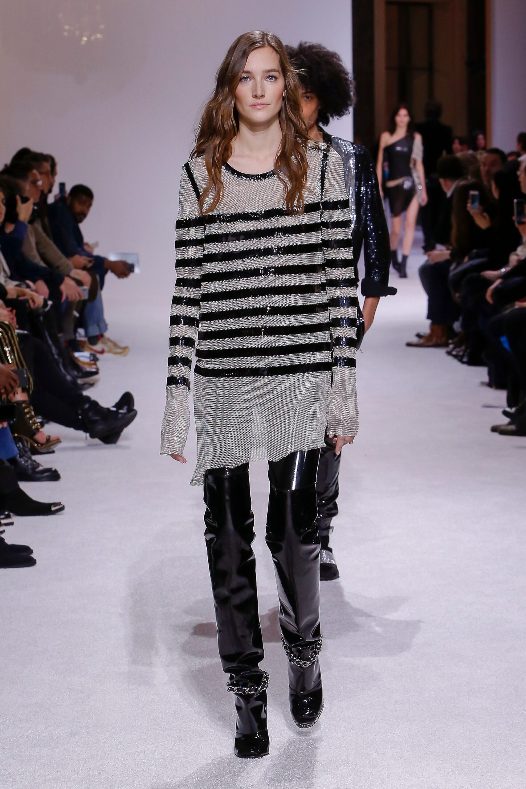 black silk long-sleeve scoop-neck fitted striped shiny top