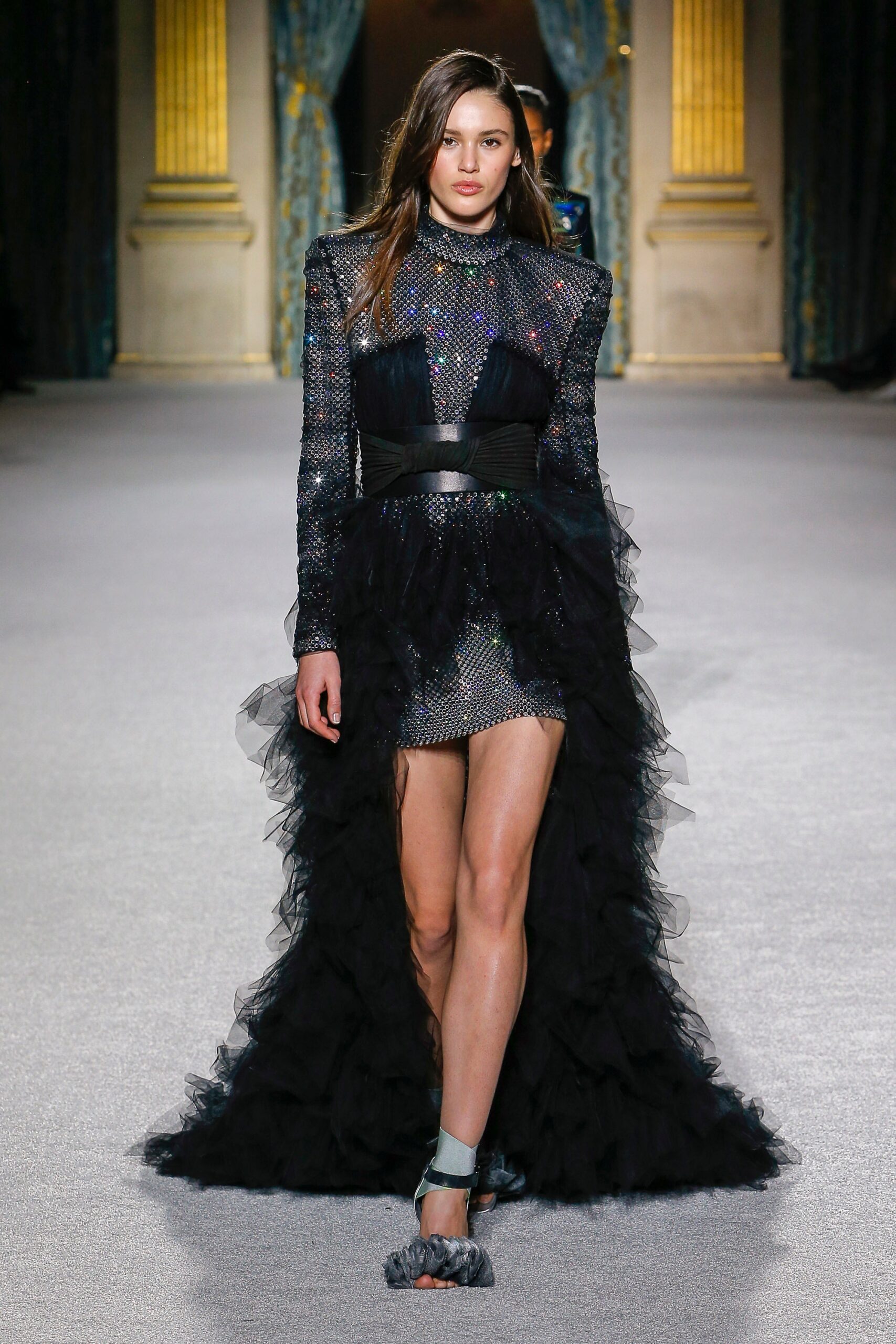 black silk ruffled midi dress