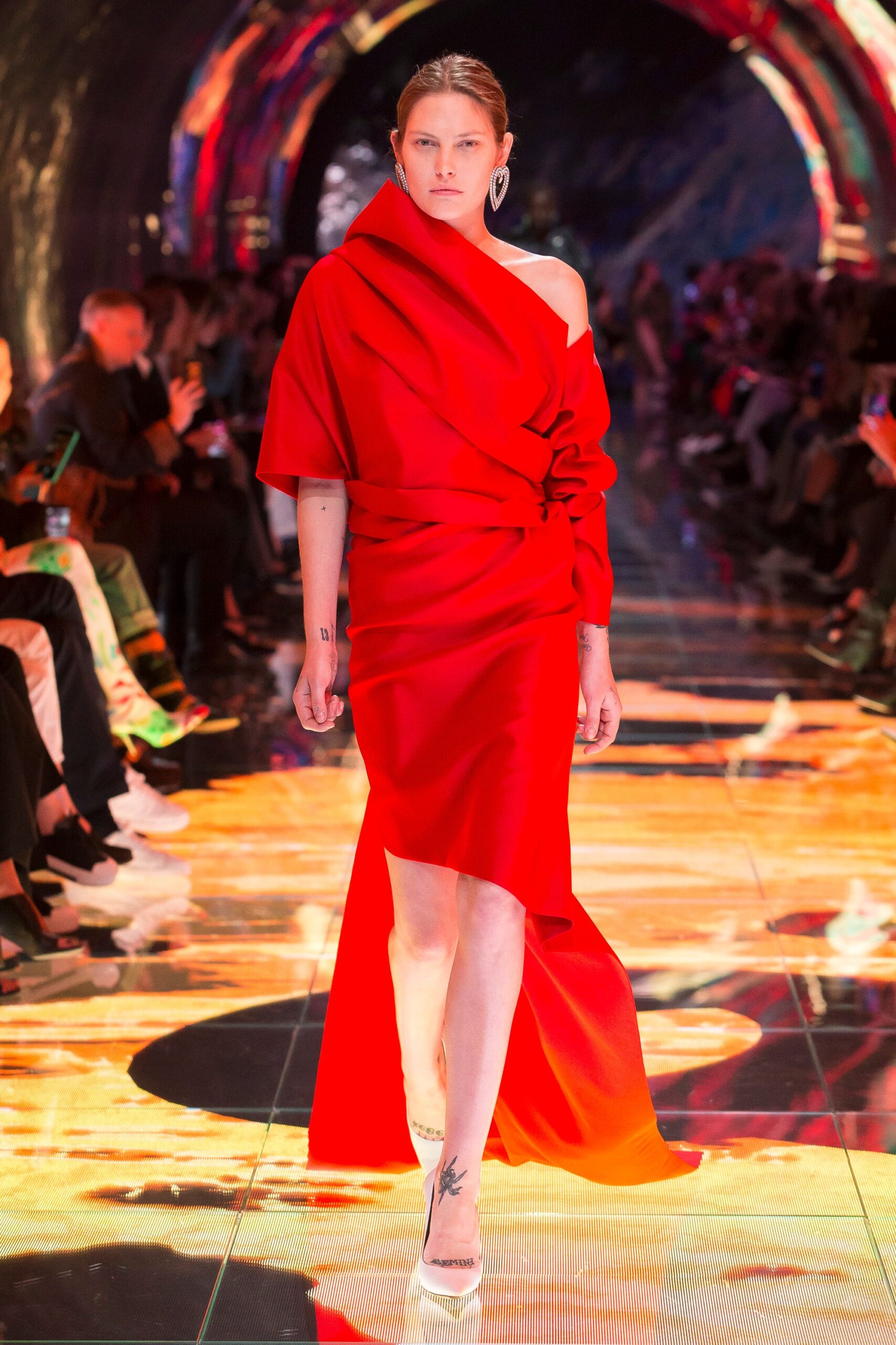 red silk off-shoulder gown