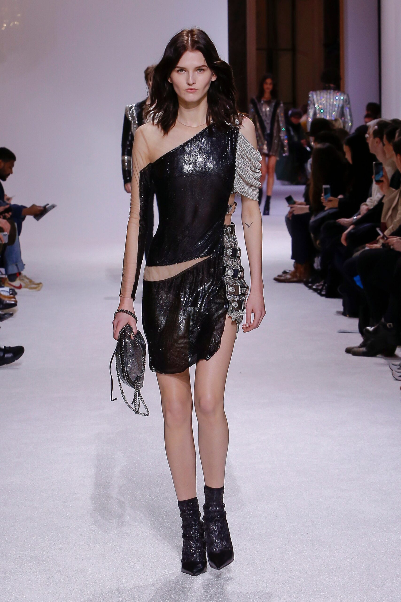 black silk long-sleeve off-shoulder fitted sequined shiny dress
