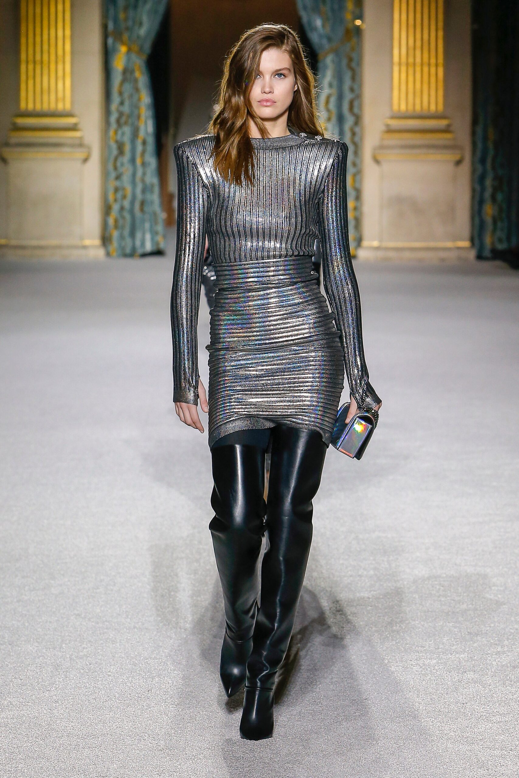 fitted metallic dress with boots