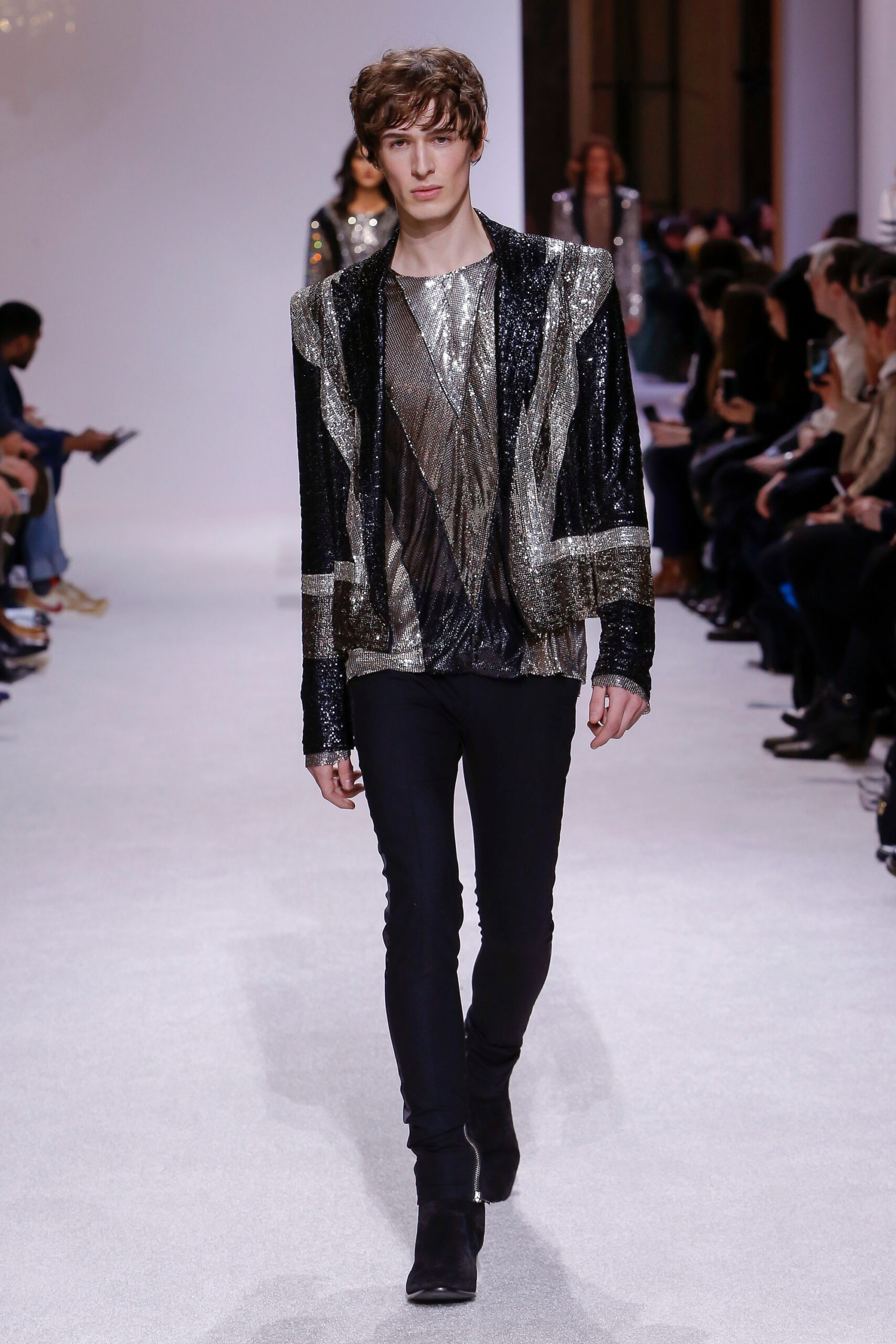 black metallic long-sleeve collared fitted zippered layered jacket